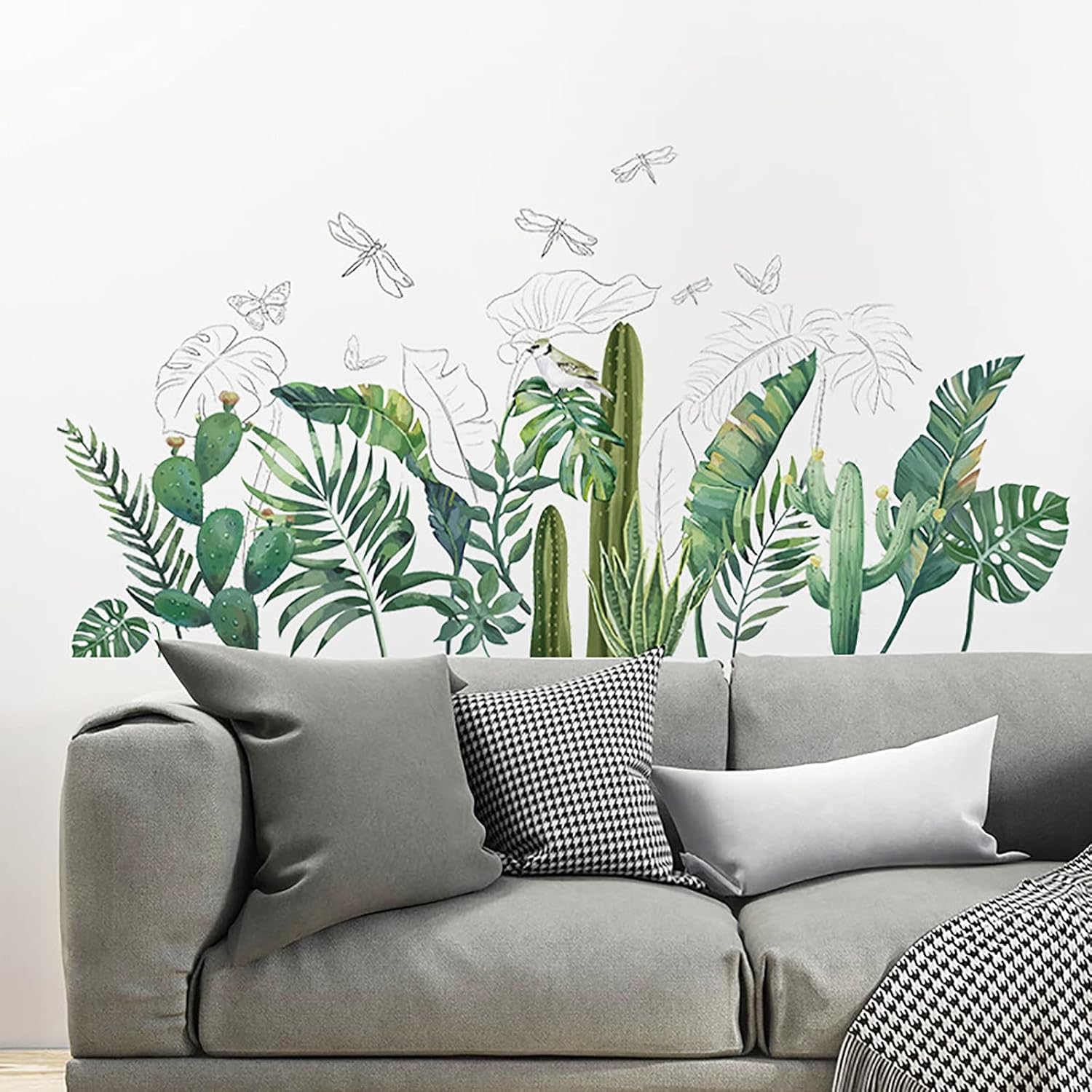 Calcomanías de pared de hojas tropicales, palmeras verdes extraíbles, plantas de árbol, cactus, calcomanías de pared para sala de estar, habitación