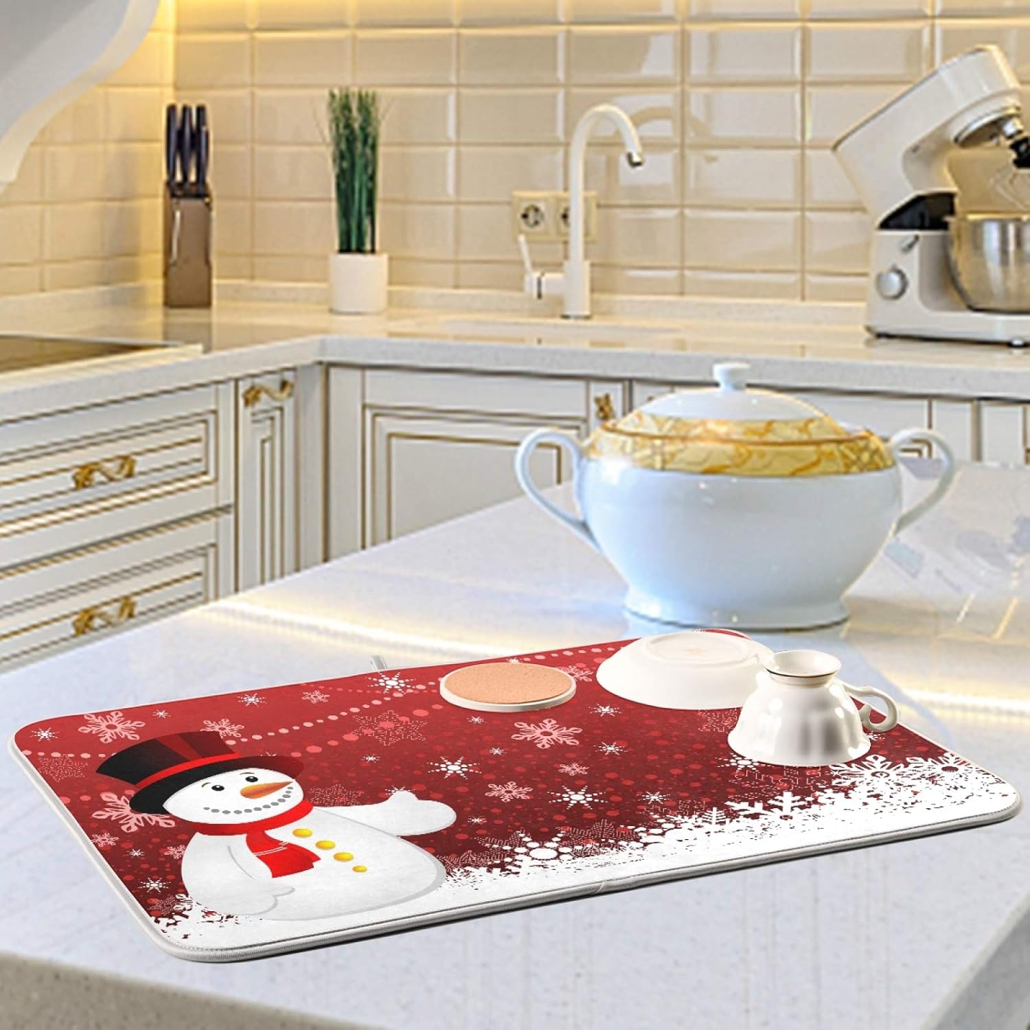 Tapete de secado de platos de copos de nieve de Navidad, muñeco de nieve, muñeco de nieve, 16 x 18 pulgadas, muñecos de nieve de Navidad,