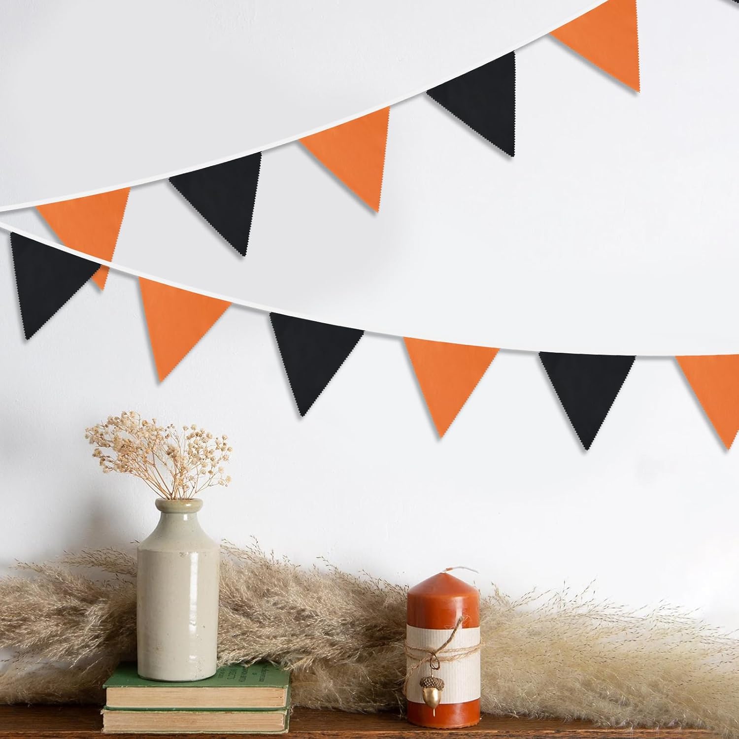 G2PLUS Cadena de pancarta para decoración de fiestas, bandera triangular naranja y negra de 39 pies, guirnalda de banderines de algodón, banderas