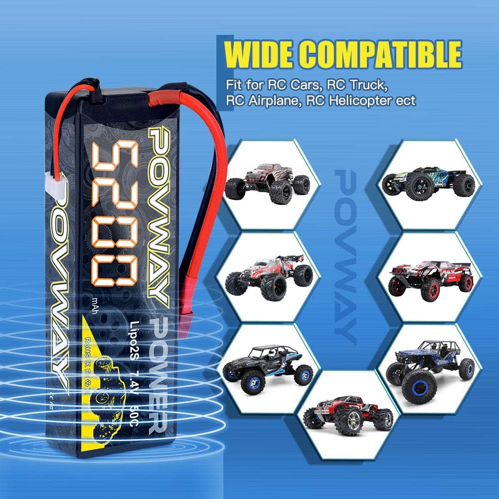 POVWAY 5200mAh 2S LiPo Battery 50C 7.4V RC Battery Hard Case with Dean-Style T Connector for RC Cars, RC Truck, RC Airplane, RC Helicopter, Drone,