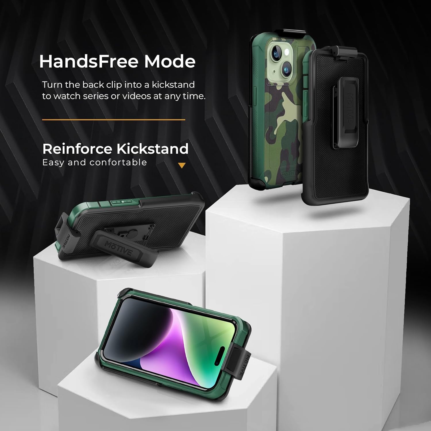 MOTIVE Funda diseñada para iPhone 15 con clip para cinturón, funda magnética compatible con Magsafe, resistente y de cuatro capas de protección de