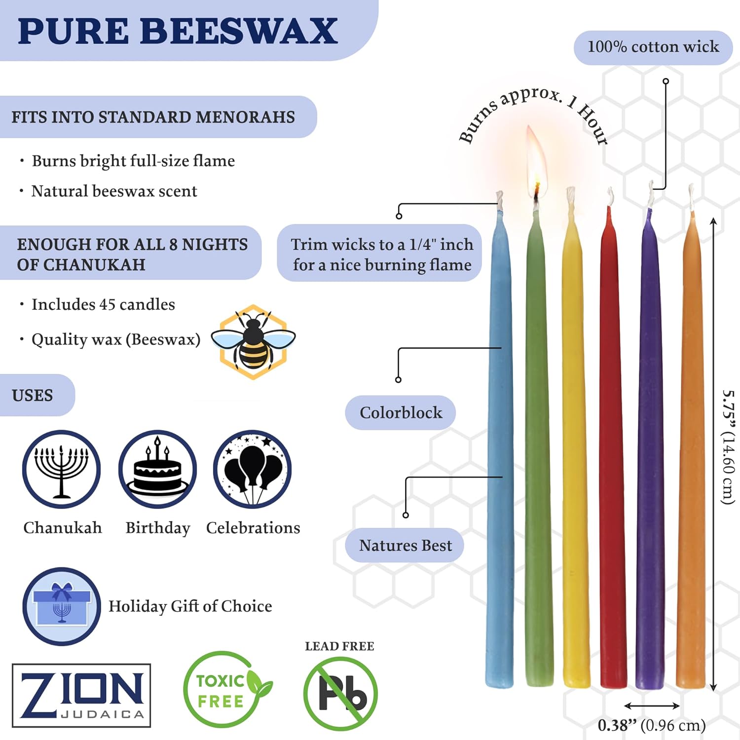 Zion Judaica – Velas de cera de abeja natural de lujo para menorá de 5.75 pulgadas de alto, juego de 45 velas de cera de abeja multicolor para