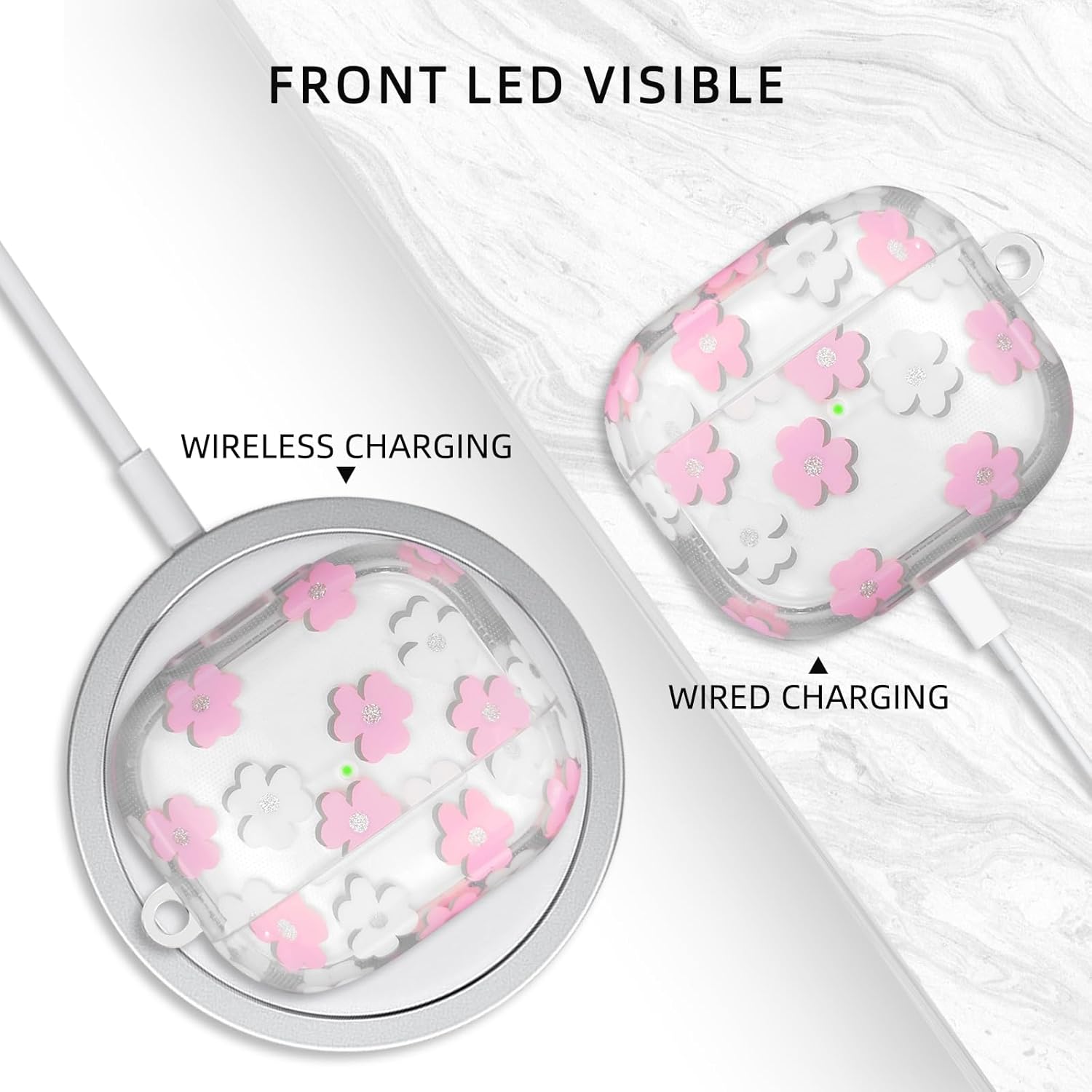 Funda compatible con AirPods 3 2021, funda de TPU suave con bonito patrón de flores para AirPods de 3 generación con llavero de flores y mosquetón