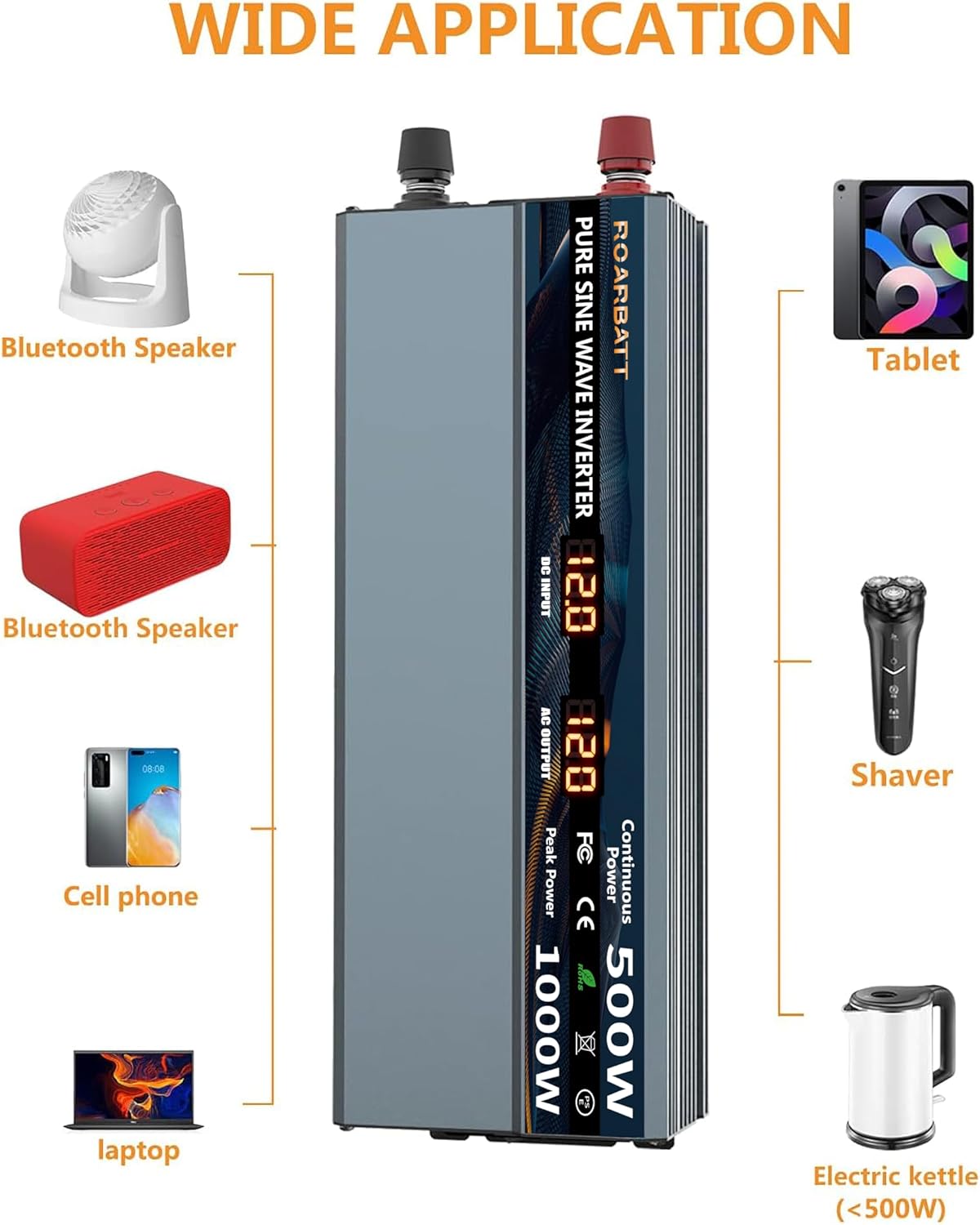 Inversor de corriente de onda sinusoidal pura de 500 W, 12 V CC a CA, 110 V, 120 V, potencia máxima, 1000 W, con 2 salidas de CA, inversor de
