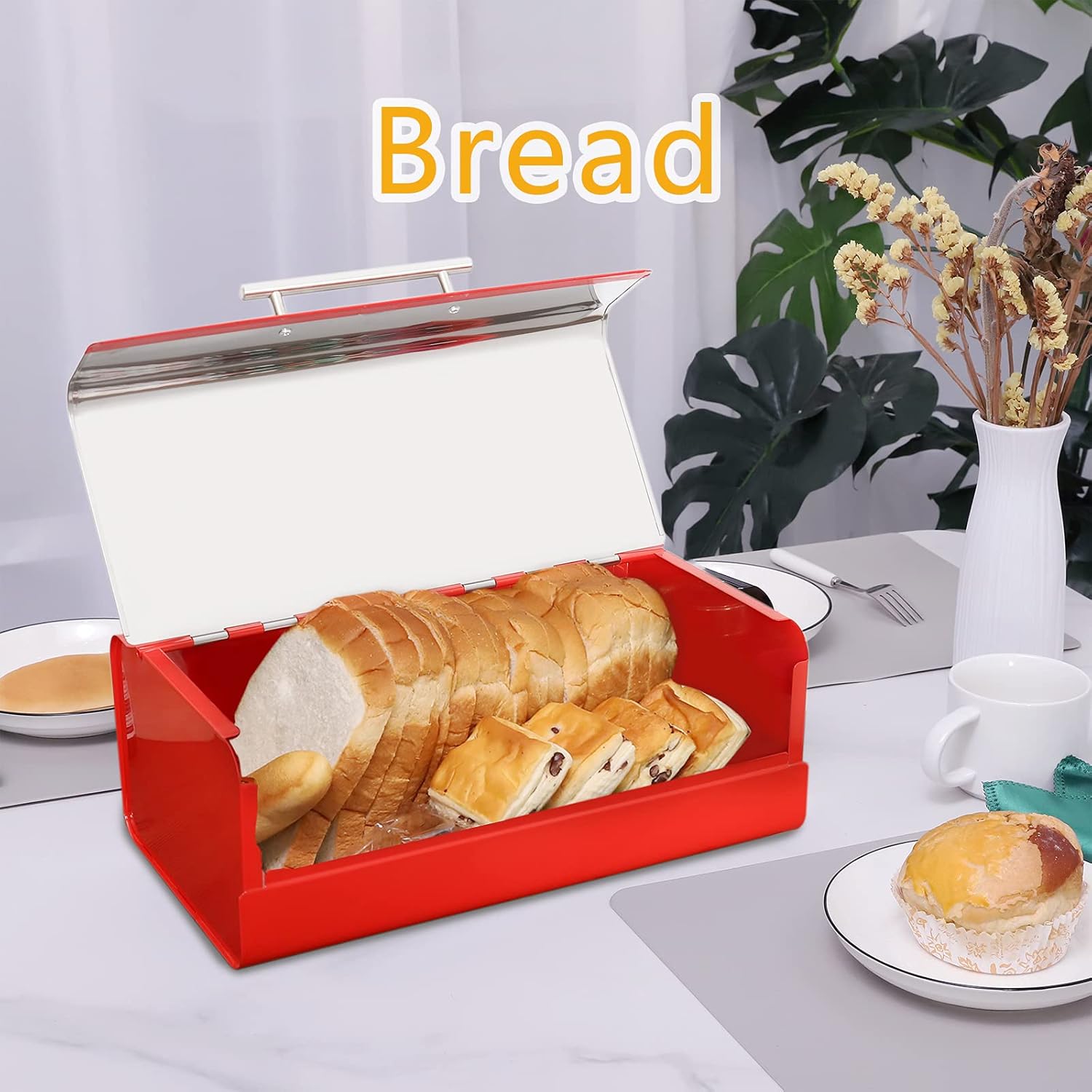 Panera de acero inoxidable con función Keep Fresh, contenedor de alimentos grande y multiusos, regalos de Navidad para cocina o encimera (rojo)