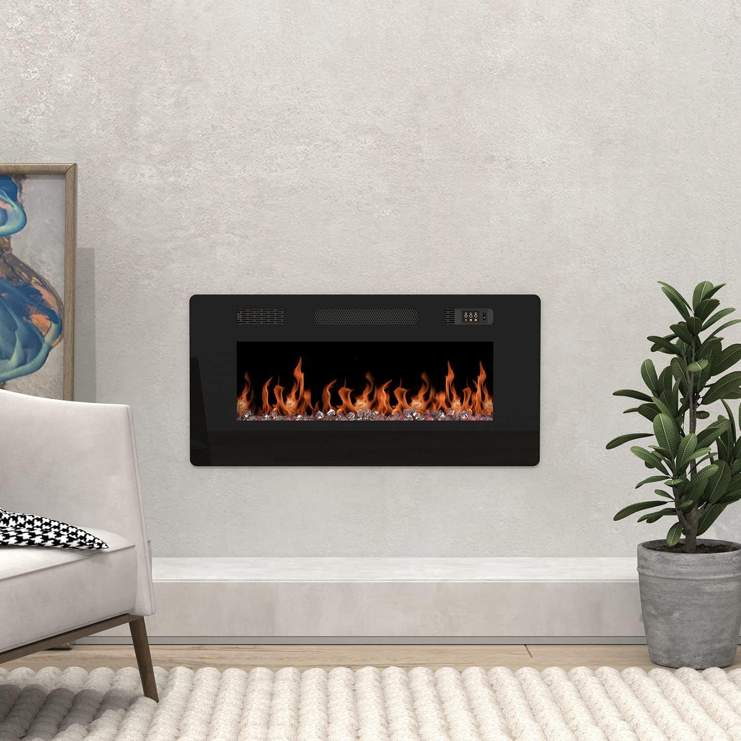 Chimenea eléctrica de 40 pulgadas con soportes de montaje en pared, inserto ultrafino empotrado de 4.72 pulgadas, montaje en pared e instalación en