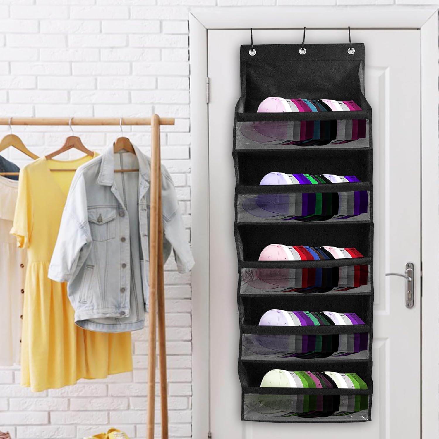 Percheros para sombreros de puerta para gorras de béisbol, organizador de sombreros con bolsillos profundos para armario o pared para 72 sombreros,