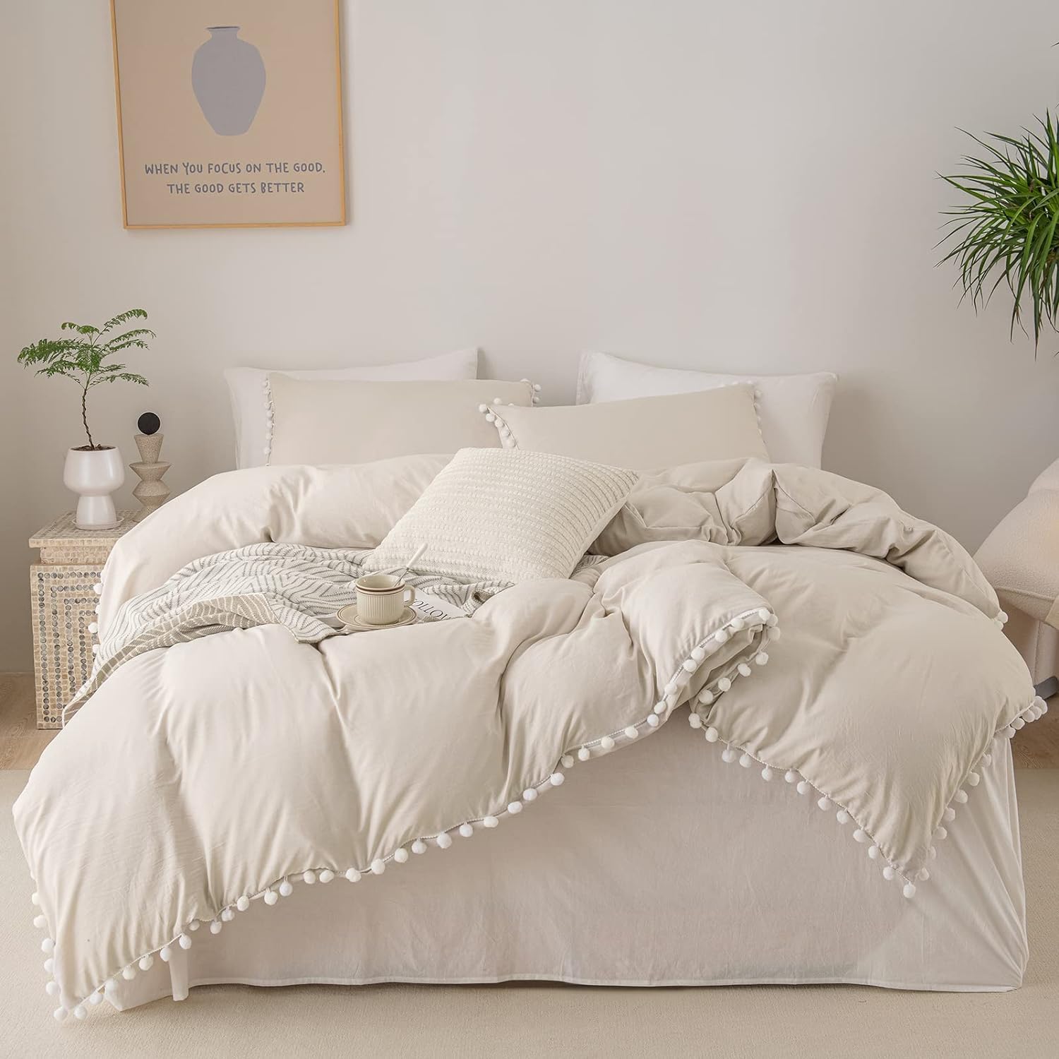 Bedbay Juego de edredón con pompones, color beige, bohemio, juego de ropa de cama para niños y niñas, juego de ropa de cama de microfibra ultra