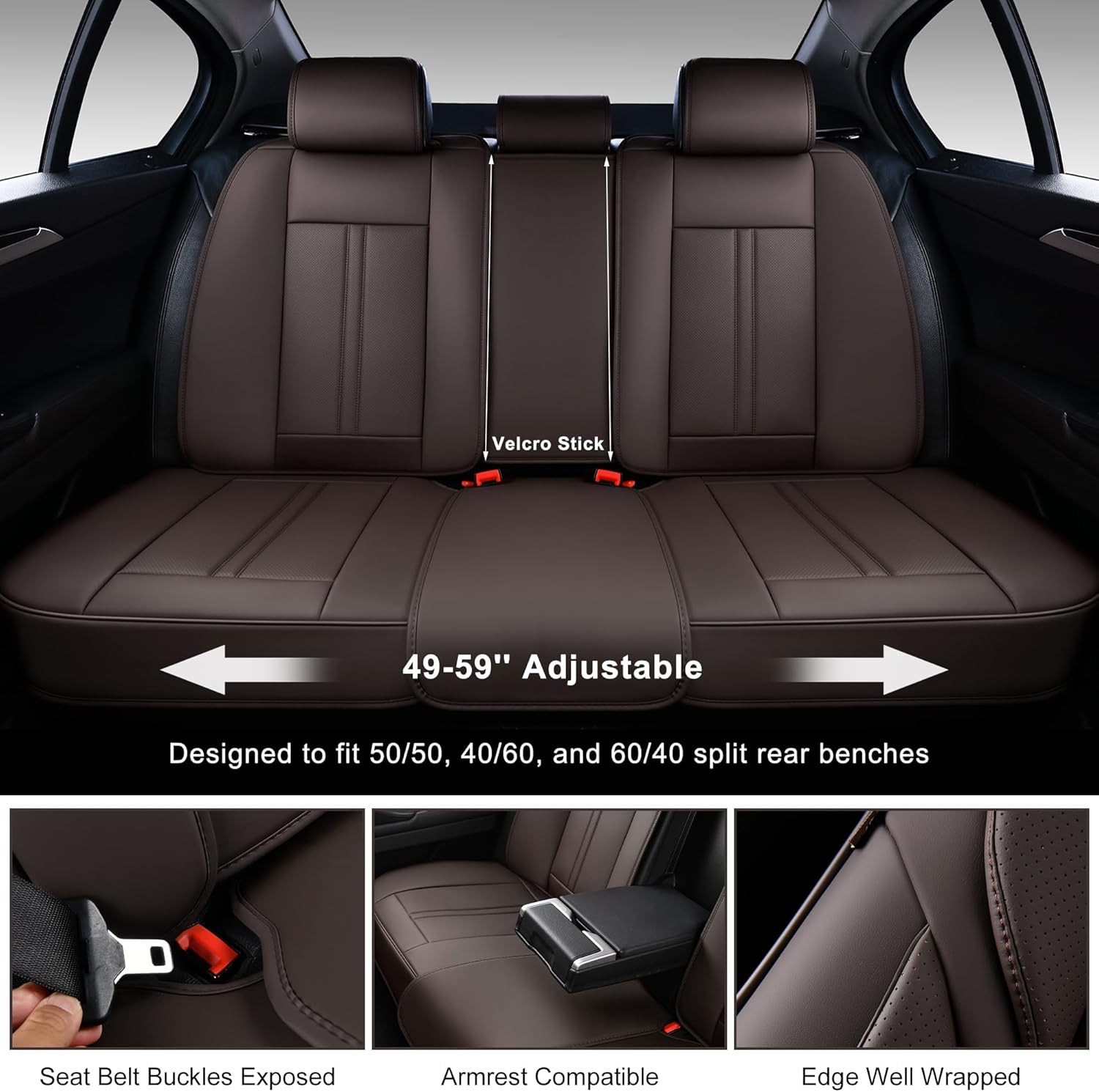 Juego completo de fundas de asiento de coche marrones, fundas de asiento delantero y trasero, 5 piezas, protectores universales de cuero sintético