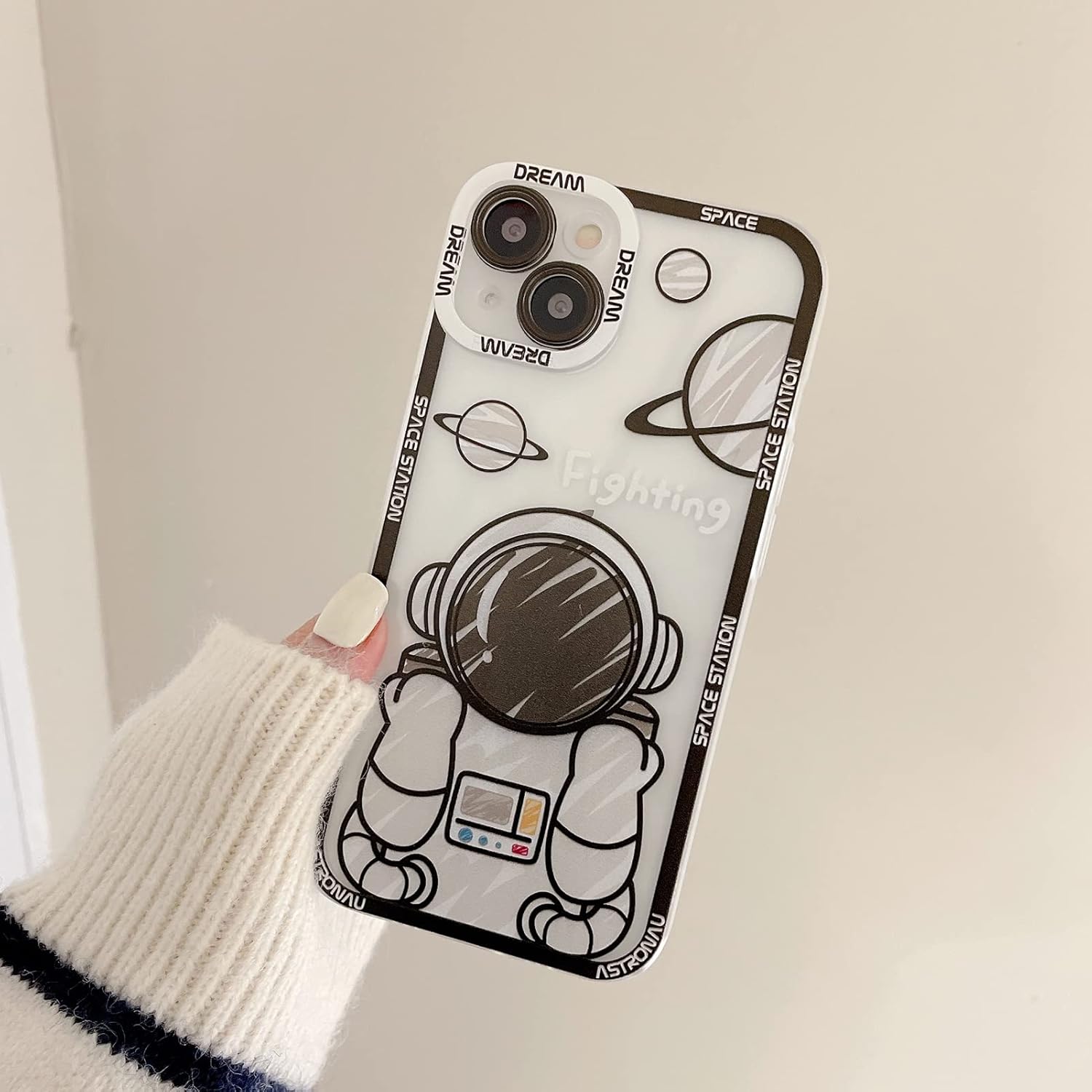 Funda transparente para iPhone 12, diseño de planeta espacial de astronauta de dibujos animados, diseño elegante de luna de poliuretano