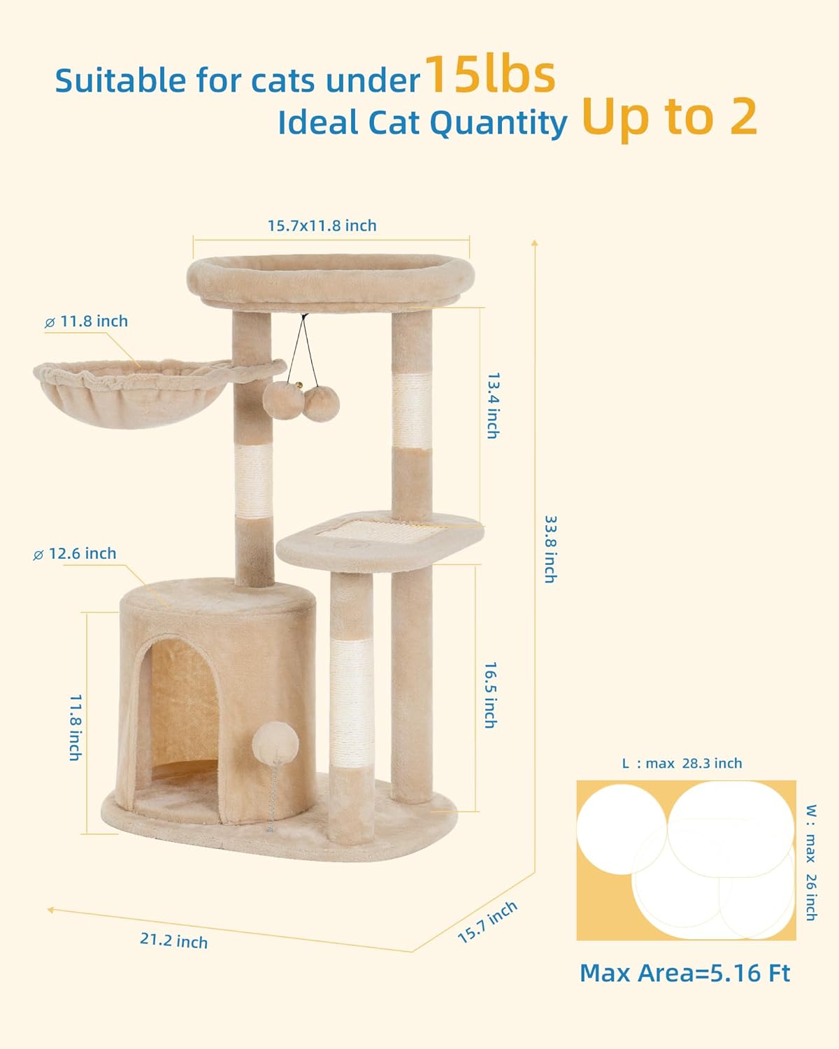 Aechonow Torre de árbol para gatos pequeños de interior con condominio y hamaca profunda, torre para gatos con poste rascador de sisal natural y