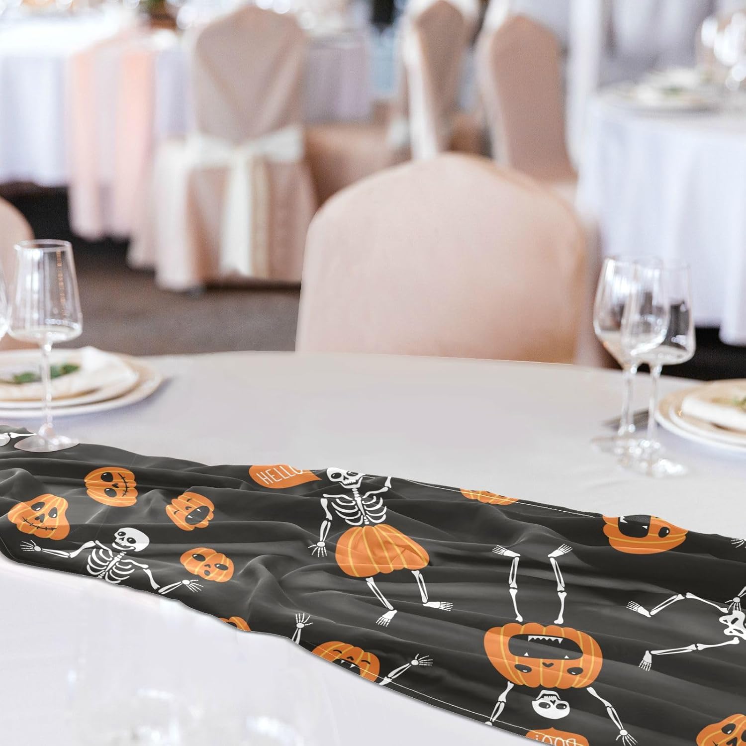 Funny Skeletons Pumpkins Table Runner Fall Table Decor for Desk Decor Halloween Table Runner 108 Inches Long