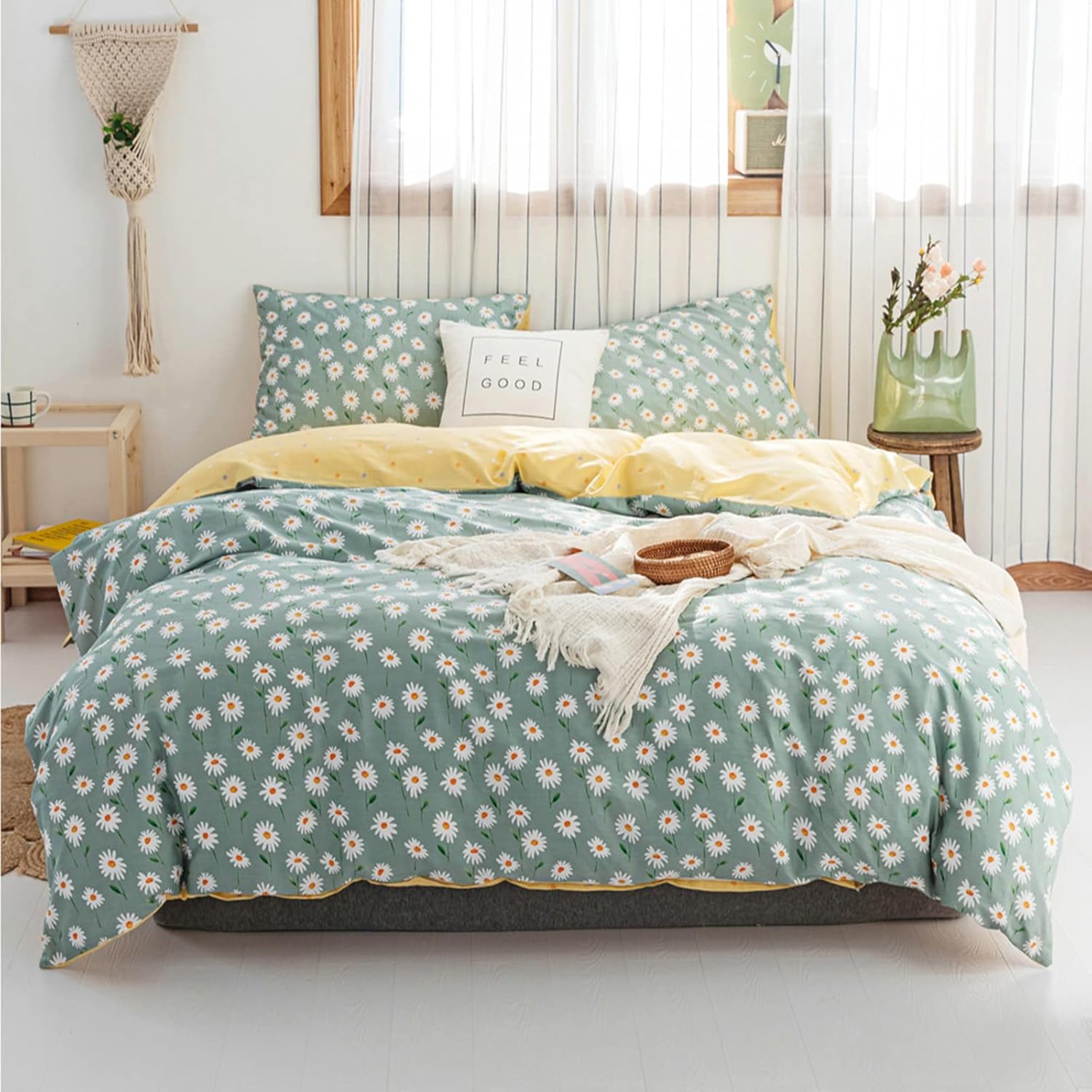 HighBuy Juego de funda de edredón floral verde salvia, tamaño individual, de algodón suave, estampado floral de margaritas en verde, funda de