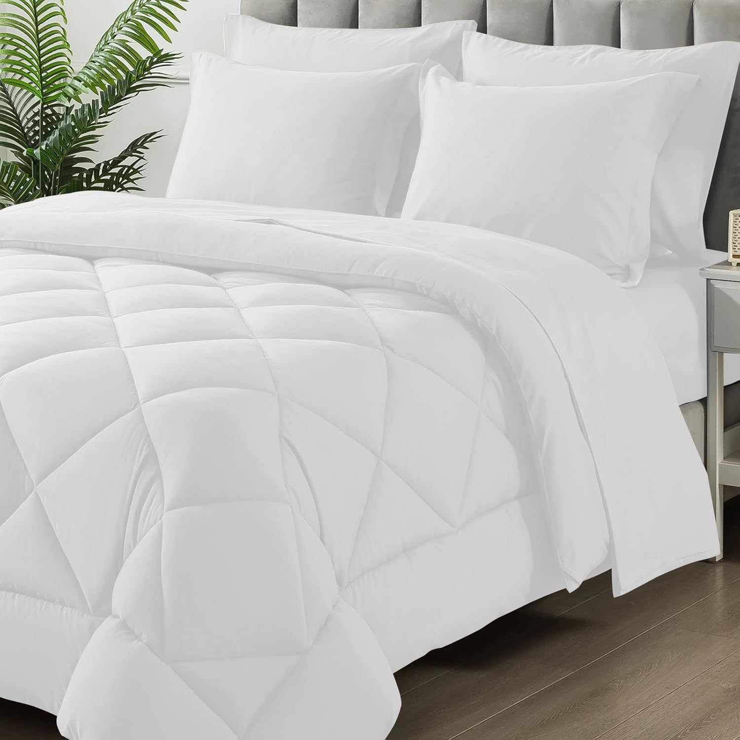 Juego de edredón tamaño California King, 7 piezas de cama en una bolsa, juegos de ropa de cama con edredón ligero acolchado suave para todas las