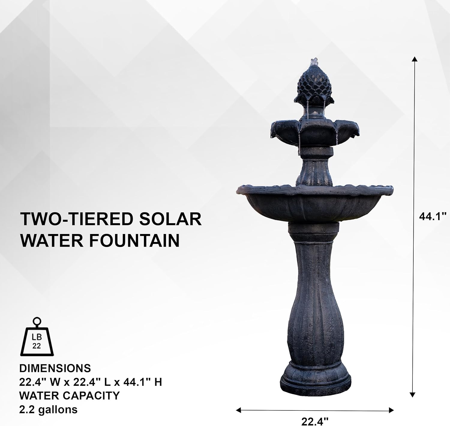 XBrand Fuente de agua solar de 2 niveles de fibra de vidrioresina negra de 44 pulgadas de alto con panel solar y bomba de apagado automático, fuente