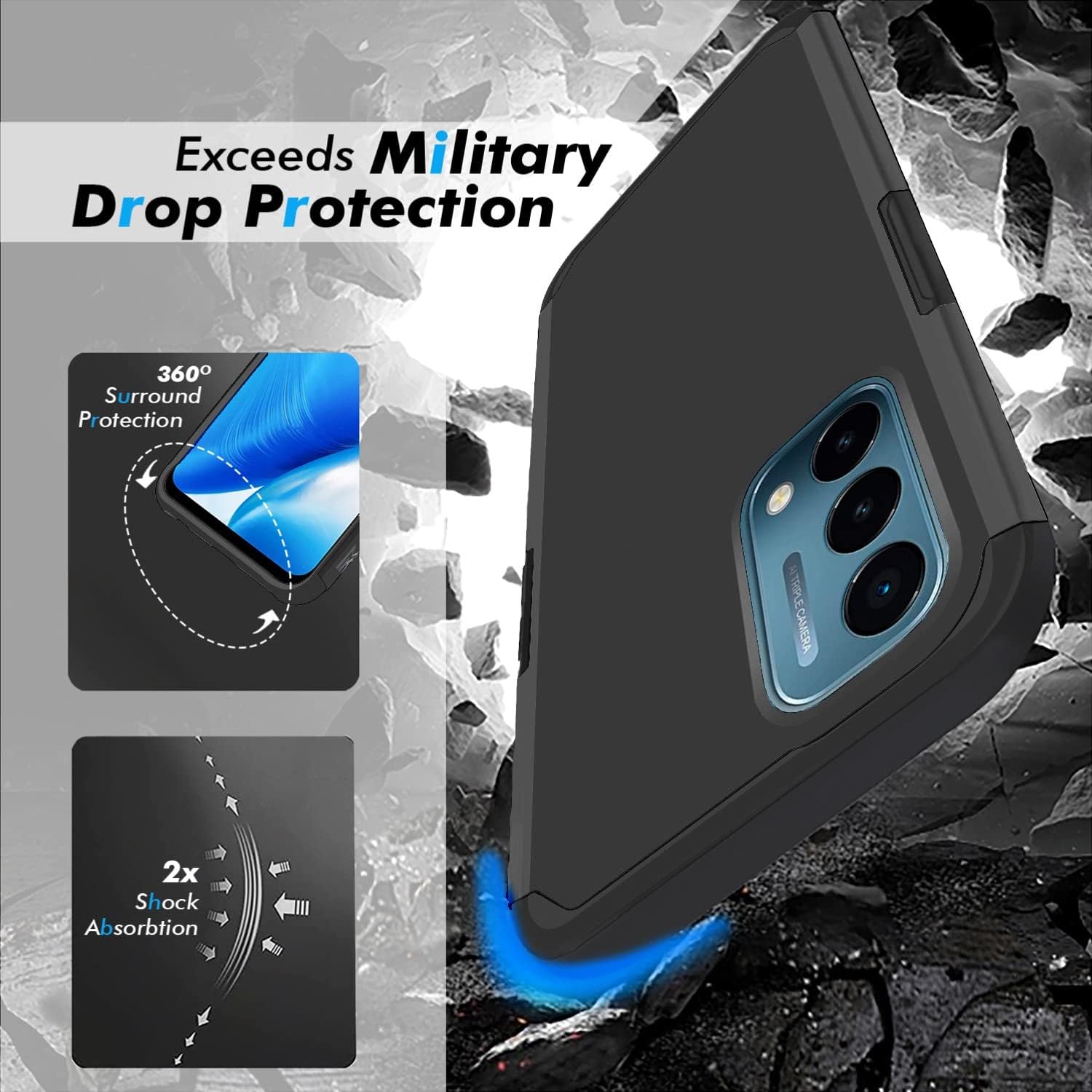 TJS Funda compatible con OnePlus Nord N200 5G, con protector de pantalla de vidrio templado, doble capa híbrida a prueba de golpes, protección