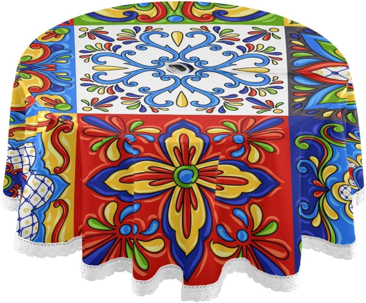 Qilmy Mantel redondo de azulejos de cerámica Talavera mexicana, resistente al calor, con agujero para sombrilla y cremallera, para acampar al aire