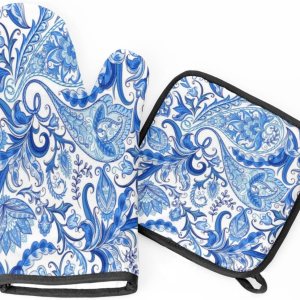 Juego de guantes de horno y soportes para ollas con patrón de cachemira azul y blanco, guantes de horno antideslizantes resistentes al calor y Juego de guantes de horno y soportes para ollas con patrón de cachemira azul y blanco, guantes de horno antideslizantes resistentes al calor y