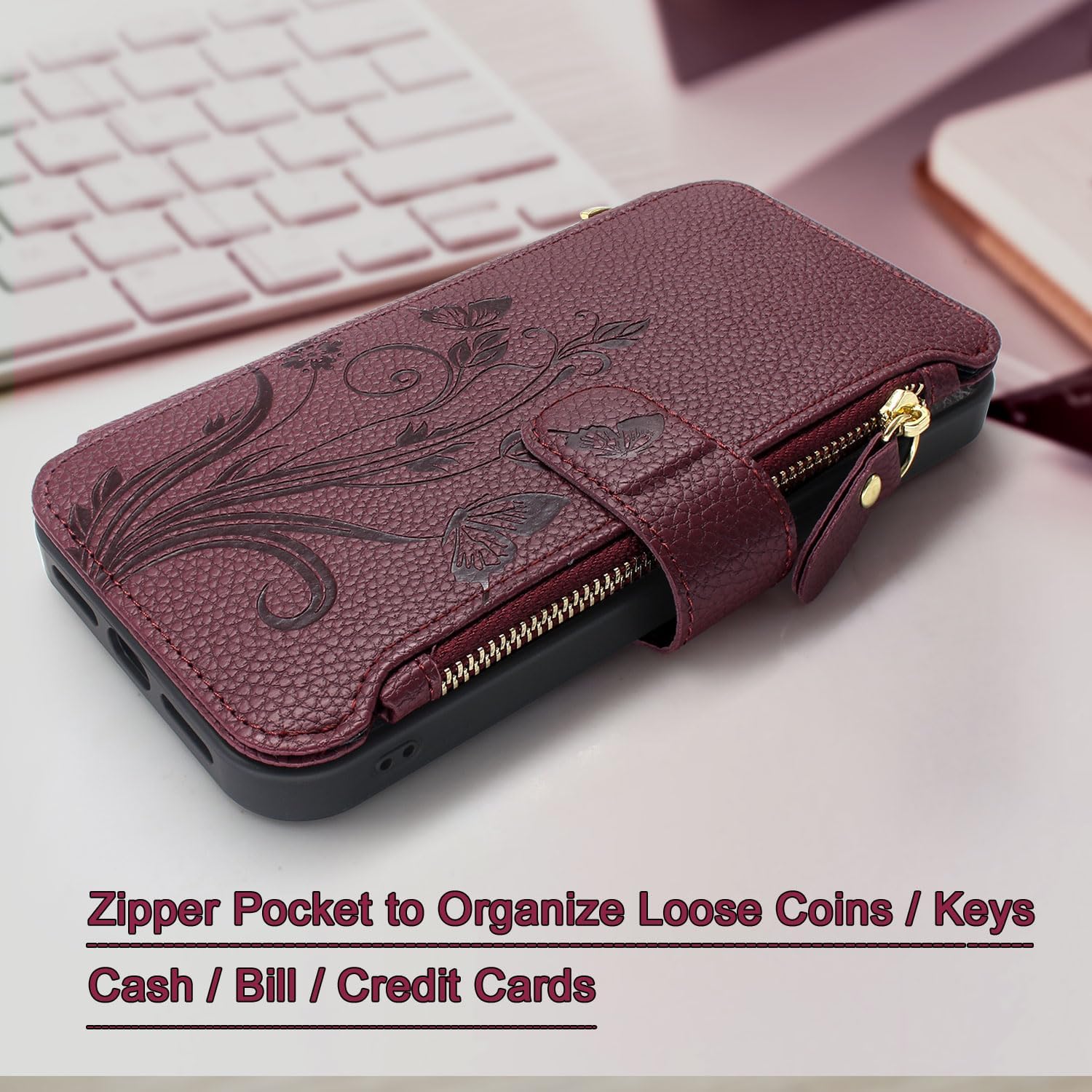 Lacass Compatible con MagSafe Case Wallet para iPhone 15 PlusiPhone 14 Plus de 6.7 pulgadas, 3 tarjeteros con cremallera de piel, cierre magnético,