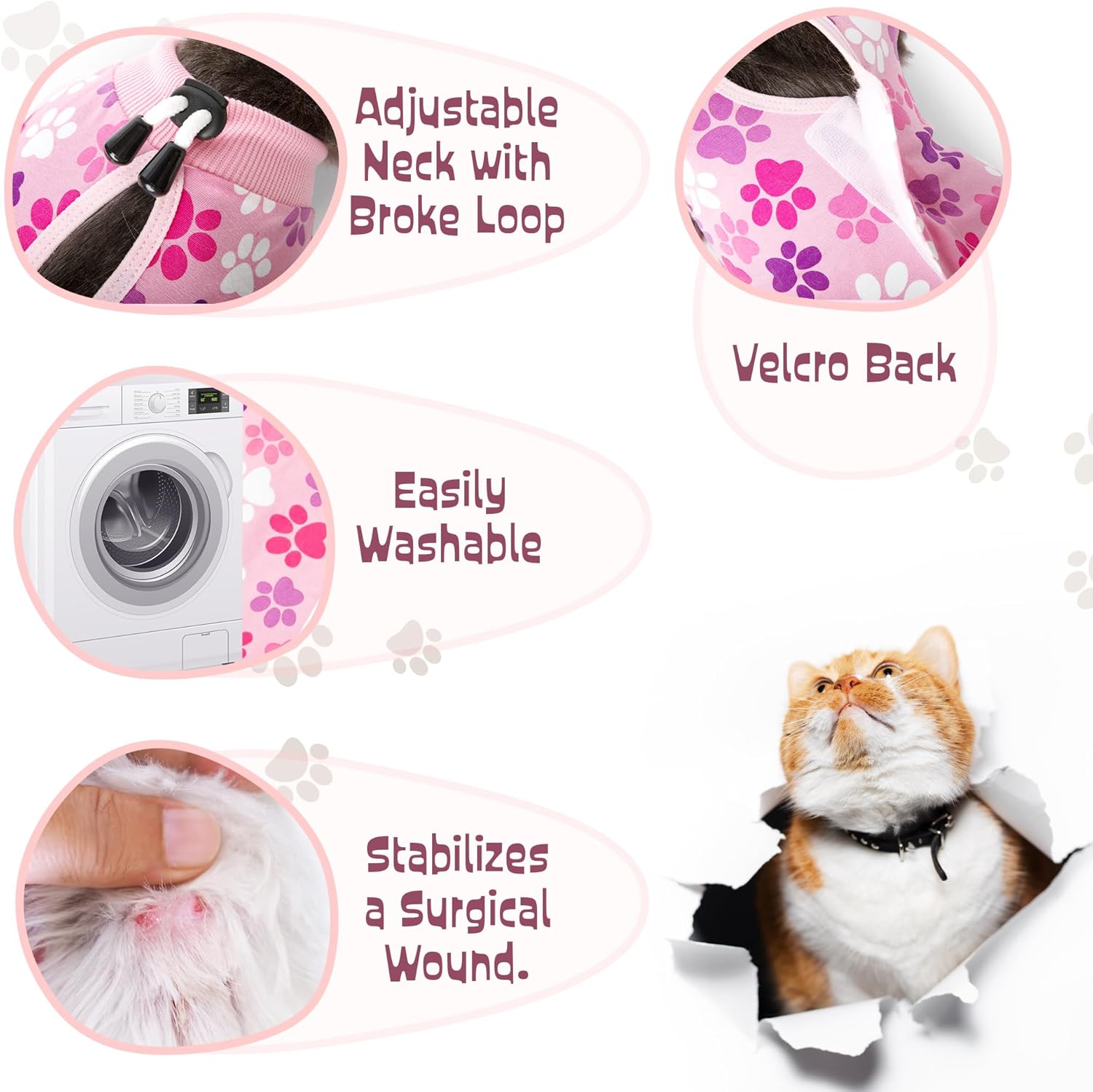 Traje de recuperación para gatos traje de recuperación de cirugía de gato rosa para mujer con diseño de huellas – Traje de recuperación de gato