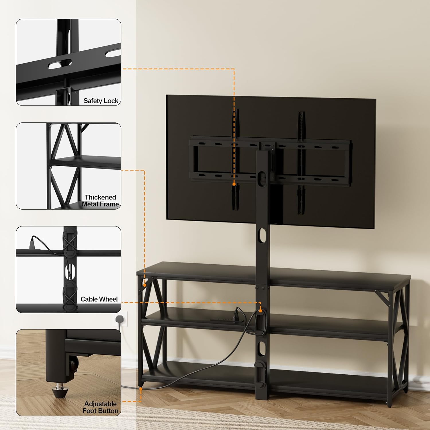 Furmax Soporte de TV con soporte y toma de corriente, soporte giratorio universal de altura ajustable para televisores de hasta 75 pulgadas, centro
