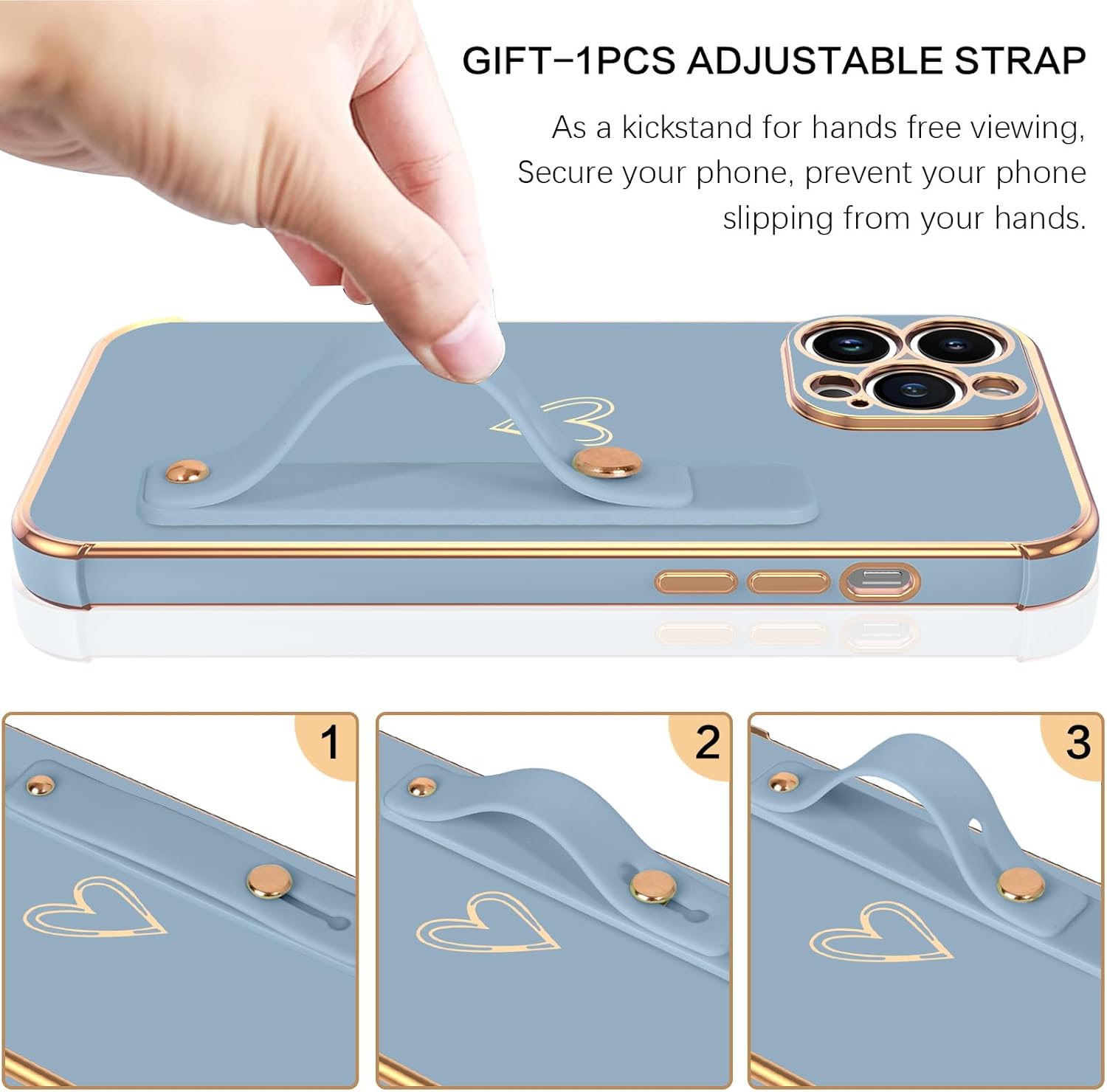 BENTOBEN Funda para teléfono iPhone 13 Pro Max, con correa ajustable con bonito corazón, soporte de soporte, a prueba de golpes, protección de TPU