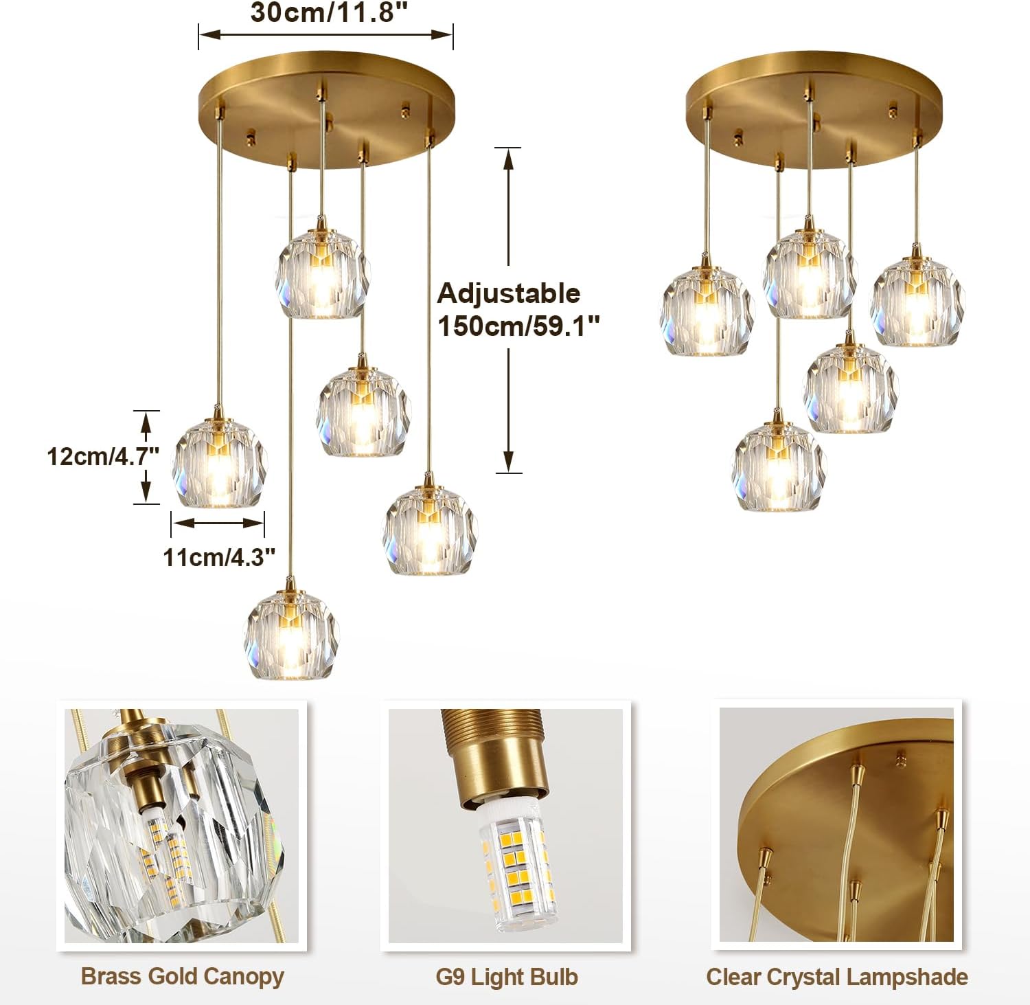 Iluminación colgante de racimo de 5 luces de mediados de siglo, moderna lámpara colgante de isla de cocina de cristal dorado, lámpara colgante LED