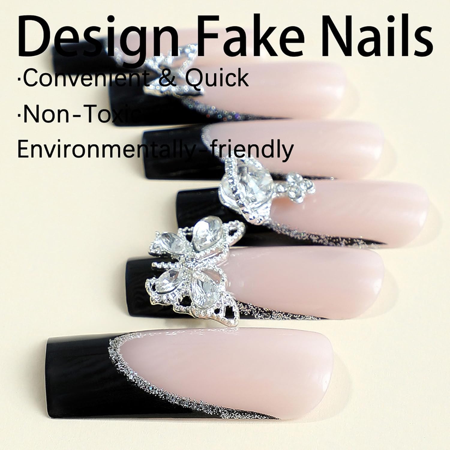 Uñas largas a presión con punta francesa, uñas postizas con dije de diamantes de imitación, uñas largas con diseños de mariposa y planetas, uñas