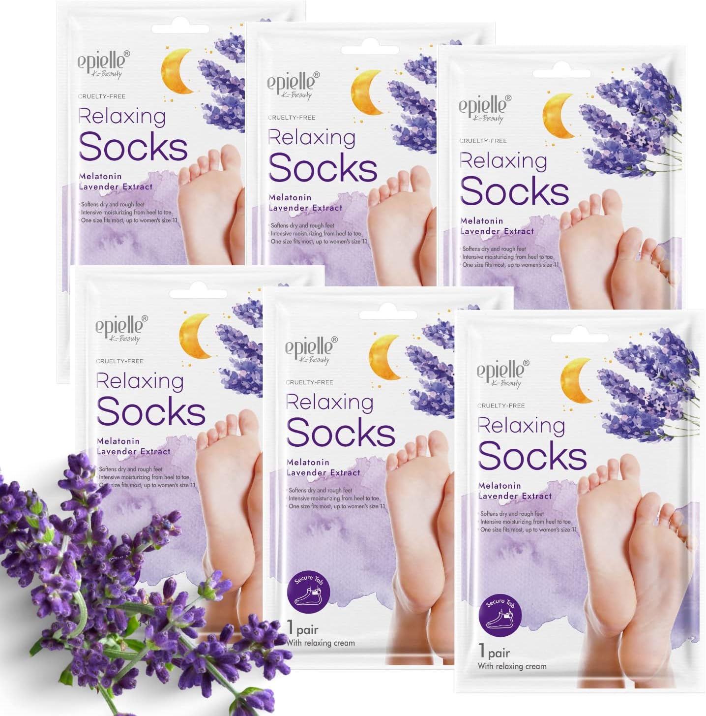 New Epielle – Mascarillas relajantes para pies (calcetines de 6 unidades) melatonina + extracto de lavanda, hidratación profunda, 100% veganas y