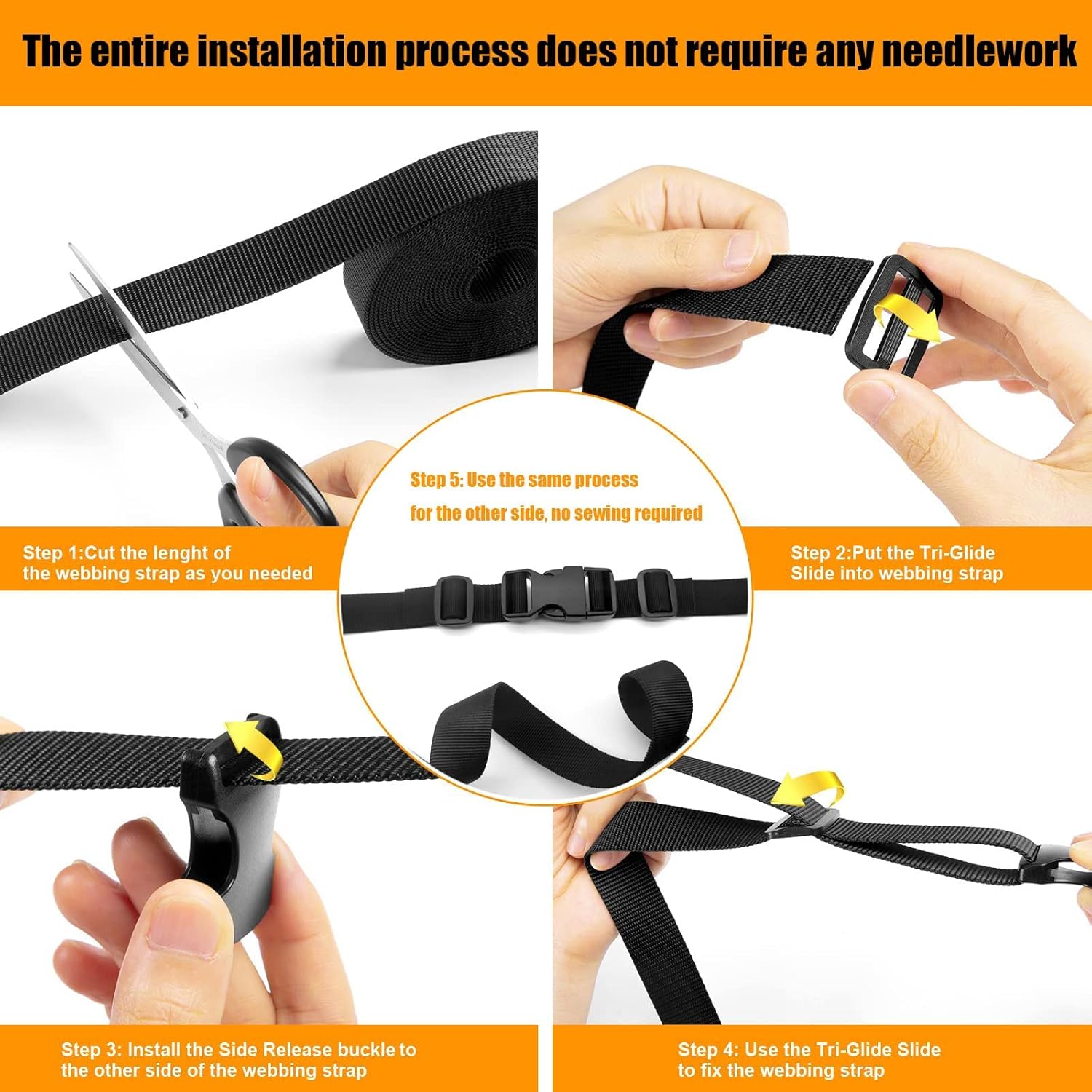 Buckles Strap 1 Inch Nylon Webbing Straps 10 Yards, Quick Side Release Plastic Buckle Dual Adjustable 8 Pack, Tri-Glide Slide Clip 16 PCS, Metal D