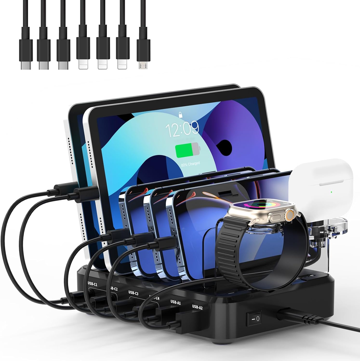 TYCRALI Estación de carga de 120 W para múltiples dispositivos Apple – Cargador rápido USB C de 65 W máximo para iPhone, iPad, tabletas, portátiles