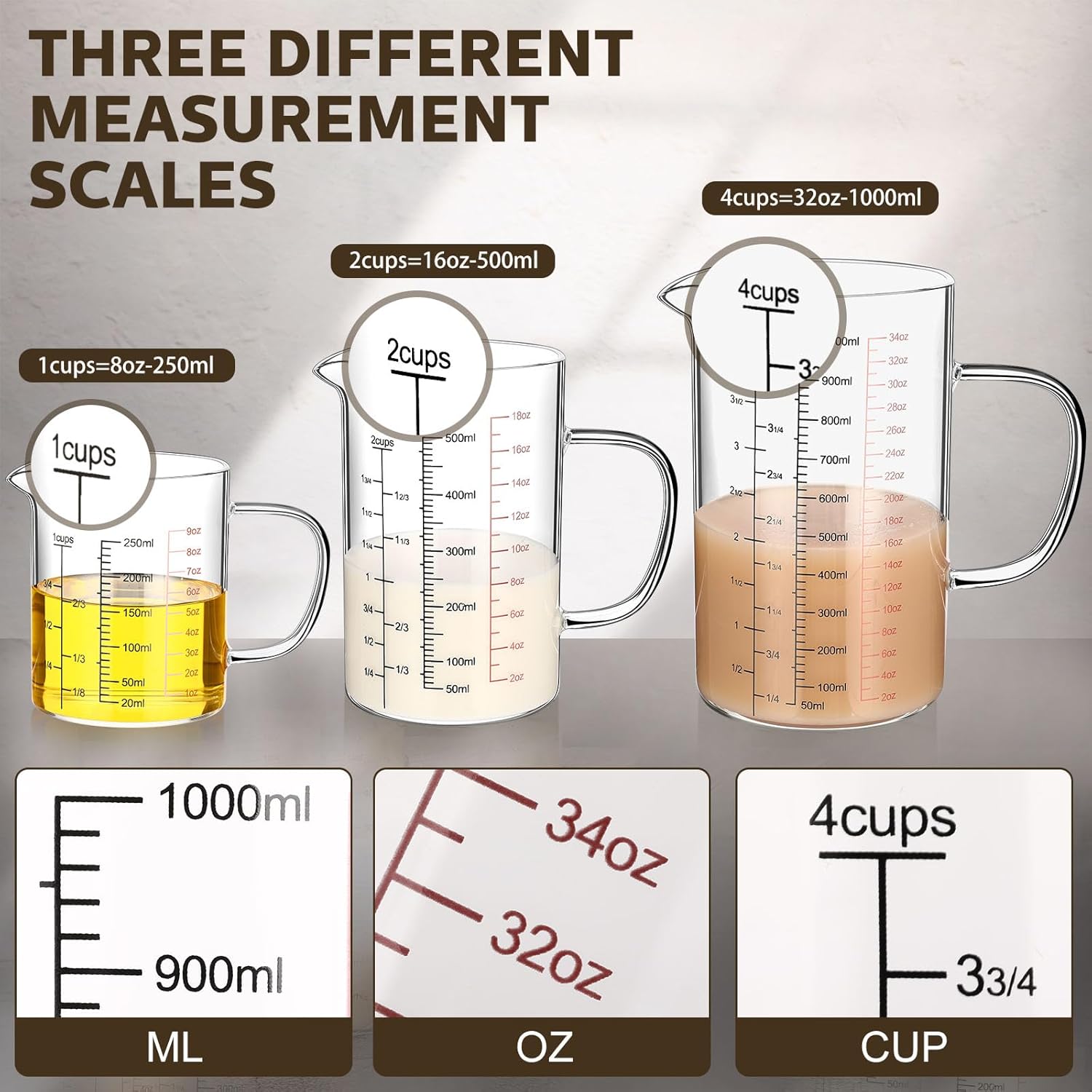 Lallisa Paquete de 3 tazas medidoras de vidrio con asa y boquilla en forma de V, vaso de vidrio de borosilicato alto con 3 escalas (Oz, taza, Ml)