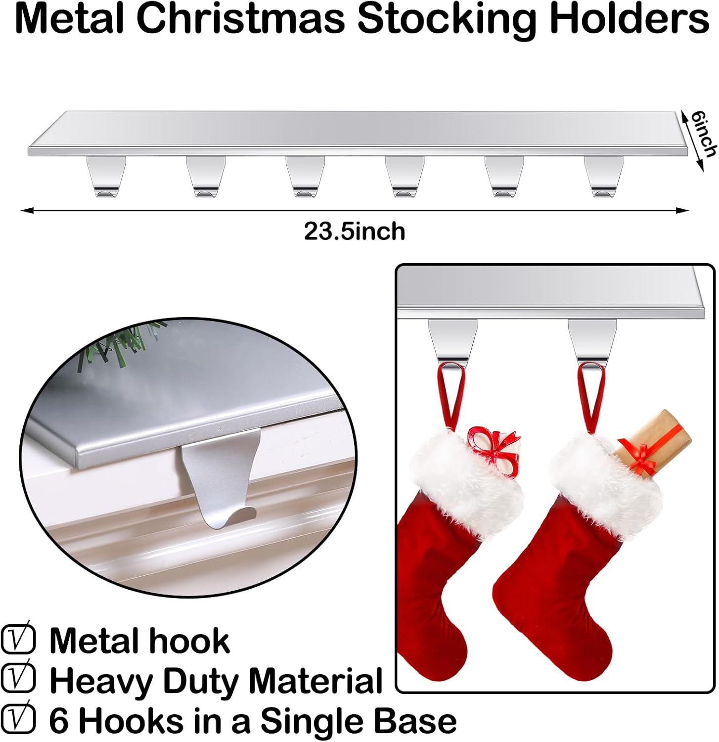 Soporte para calcetines de Navidad con 6 ganchos, ganchos de metal para colgar con almohadillas protectoras, mantel resistente para chimenea,