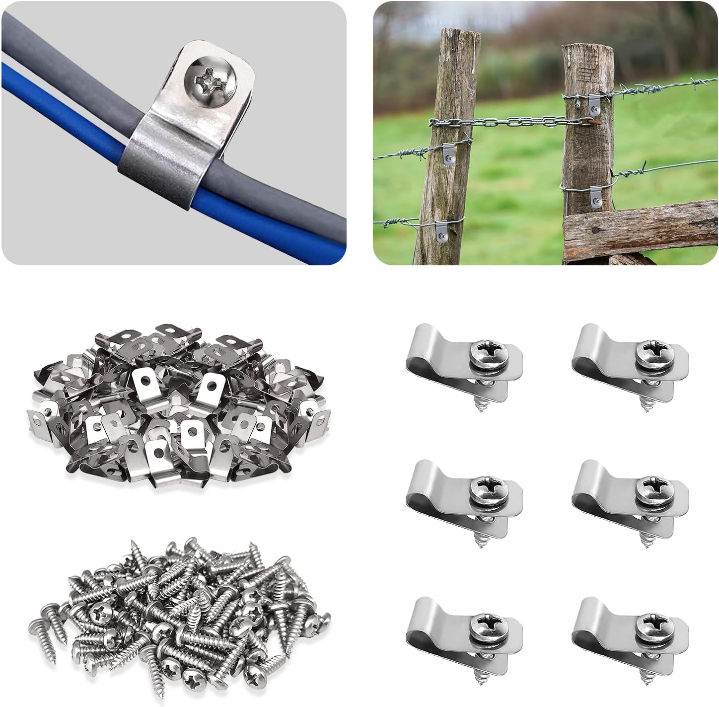 300 abrazaderas de alambre para cercas agrícolas con 300 tornillos de acero inoxidable, clips de alambre para montaje calibre 12-16 alambre soldado