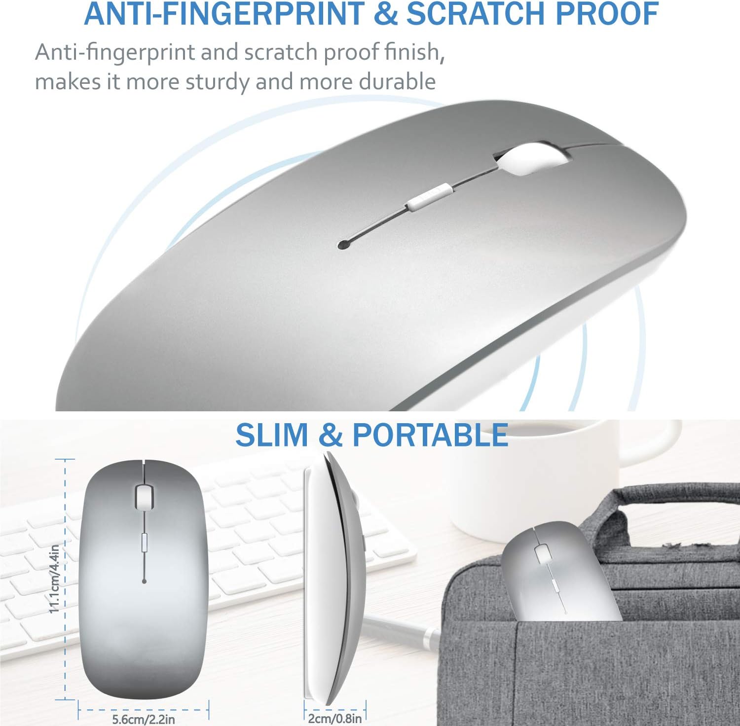 Tsmine Cargador inalámbrico Bluetooth Ratón de computadora para MacBook Air Mac Pro Laptop Ipad PC El láser óptico recargable Mini Slim Silent Mouse