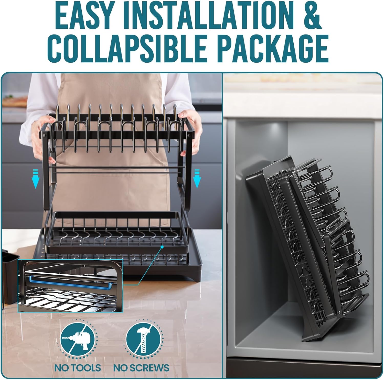 TAILI Escurridor de platos para encimera de cocina con escurridor, escurridor grande de 2 niveles y escurridor con soporte para cubiertos