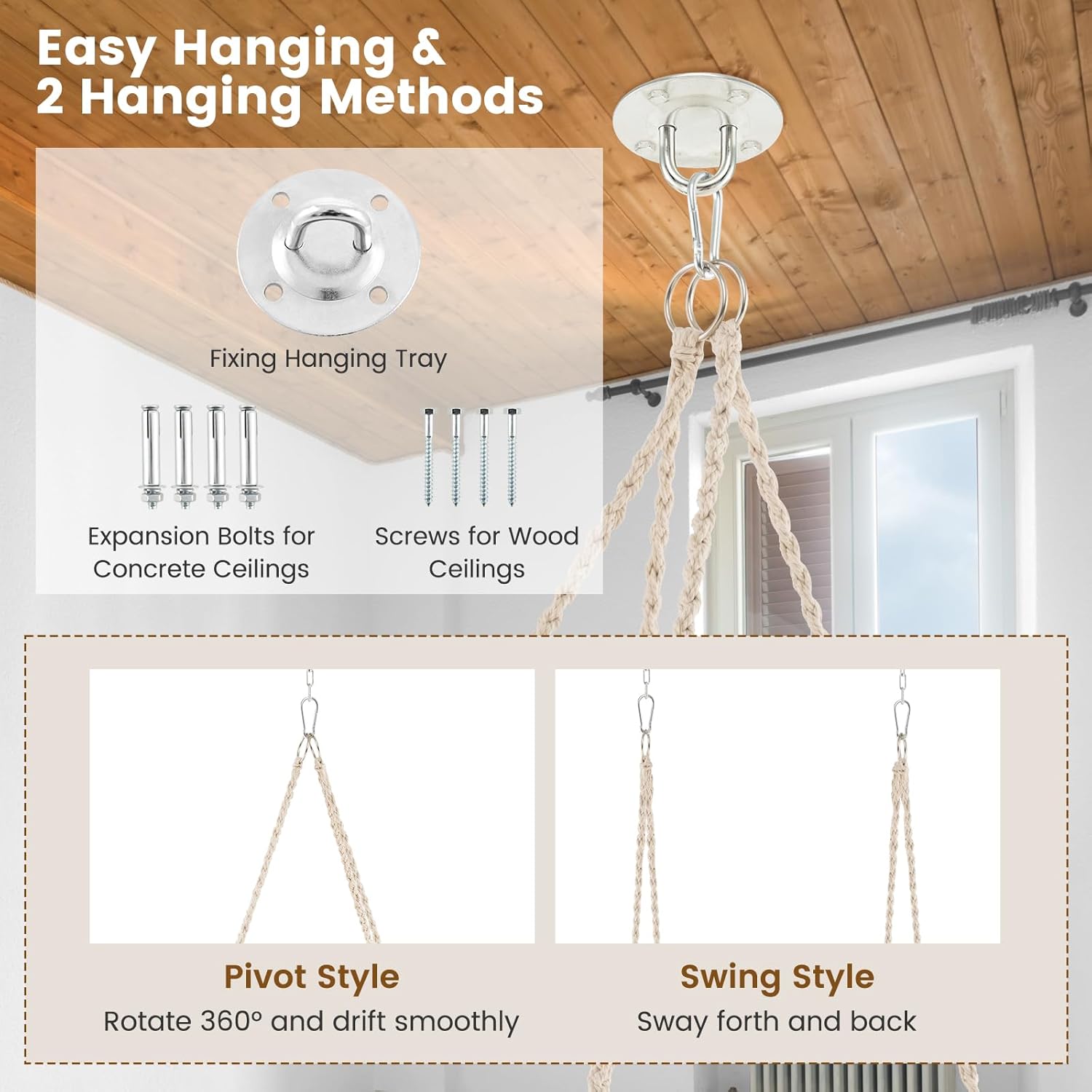 Tangkula Silla hamaca colgante, hamaca de estilo bohemio con 2 cojines suaves, borlas, accesorios de montaje, silla colgante de cuerda de algodón