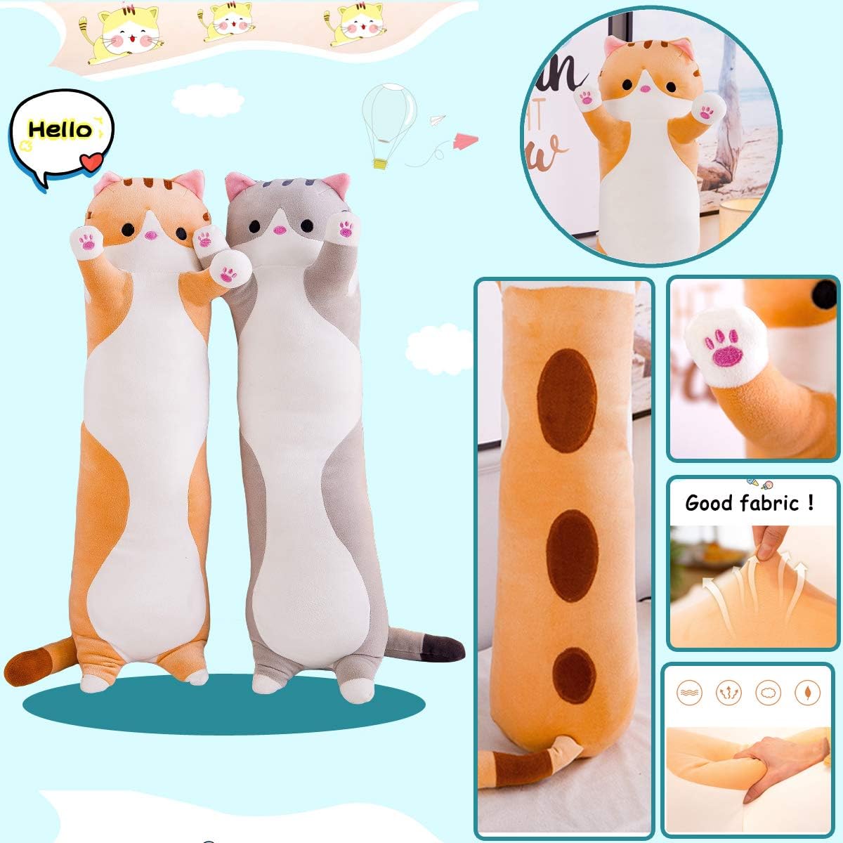 MDXMY – Almohada larga de felpa con diseño de gato, de dibujos animados, animales de peluche, suave y larga, para regalo (color gris, de 35.43