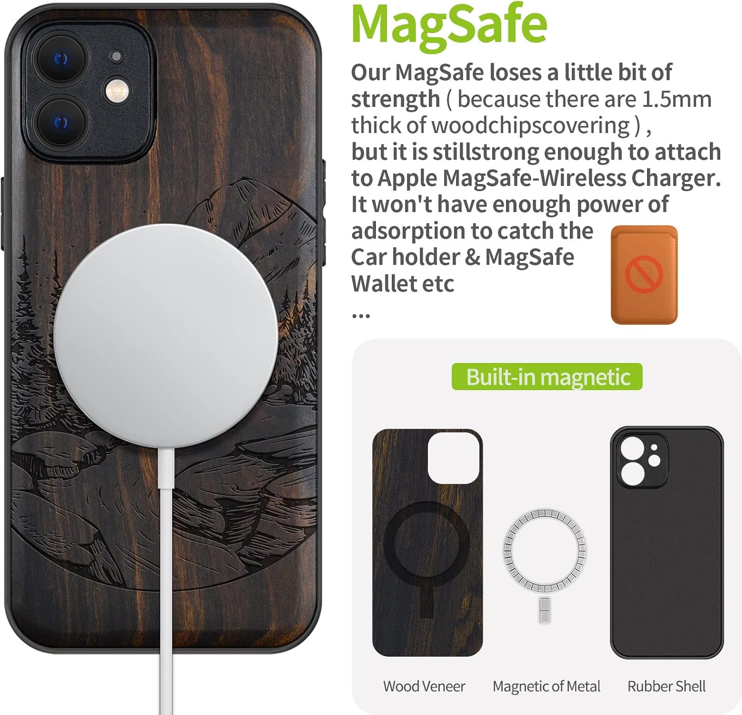 Carveit Funda magnética de madera para iPhone 12 madera natural y TPU suave negro a prueba de golpes, funda de madera única compatible con magsafe