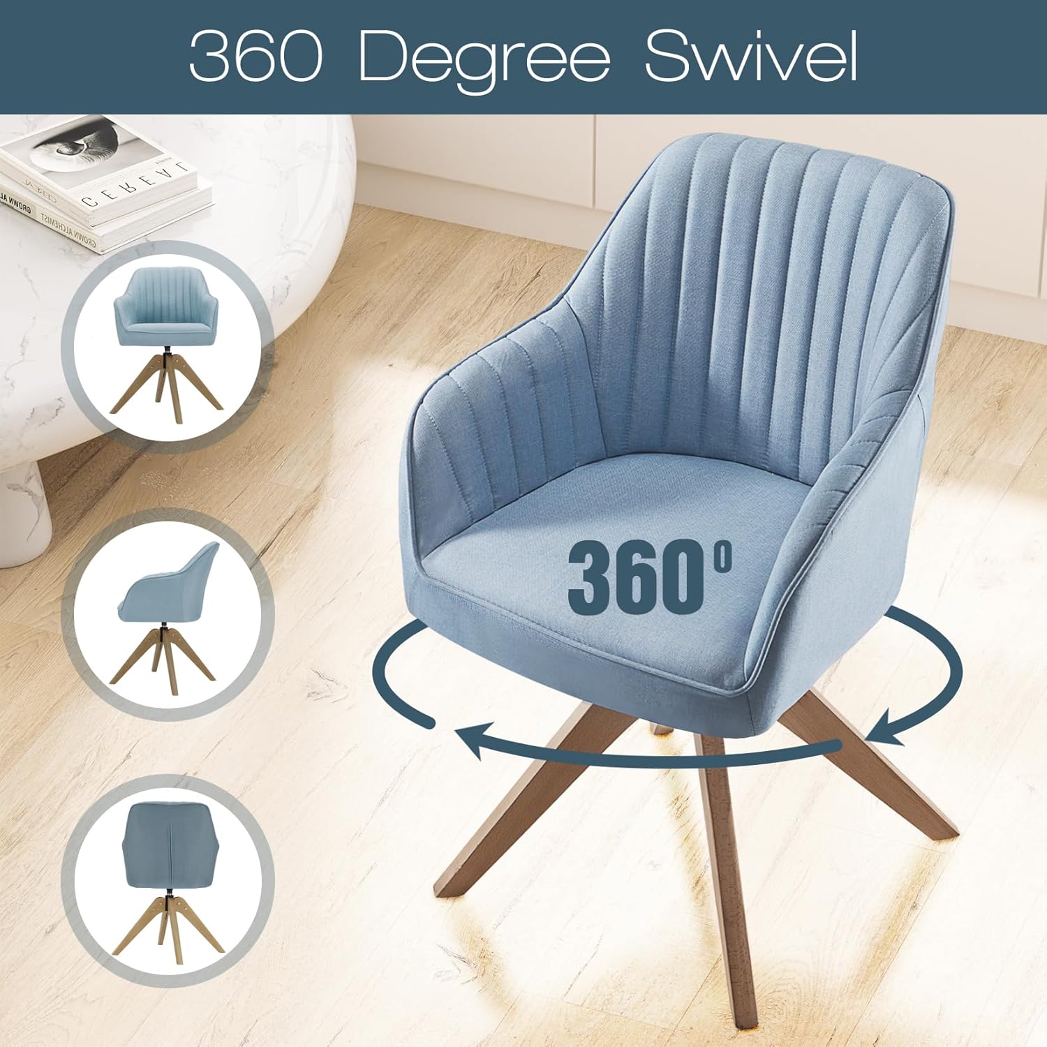 Haddockway Silla decorativa, silla giratoria, sillón tapizado con patas de madera, silla de ocio para leer, beber, silla auxiliar para vestidor,
