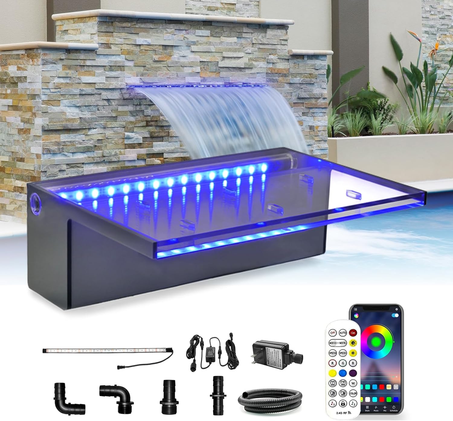 LONGRUN Fuente de piscina al aire libre con control de aplicación de cascada, luz LED multicolor para piscina al aire libre, derrame de agua
