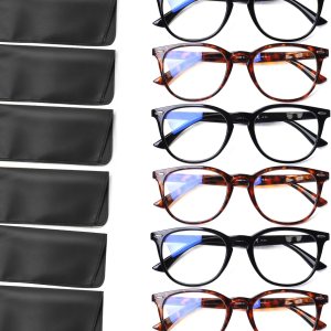 Henotin Paquete de 6 lentes de lectura para mujeres y hombres, bloqueo de luz azul, elegantes lectores de computadora con funda de cuero Henotin Paquete de 6 lentes de lectura para mujeres y hombres, bloqueo de luz azul, elegantes lectores de computadora con funda de cuero