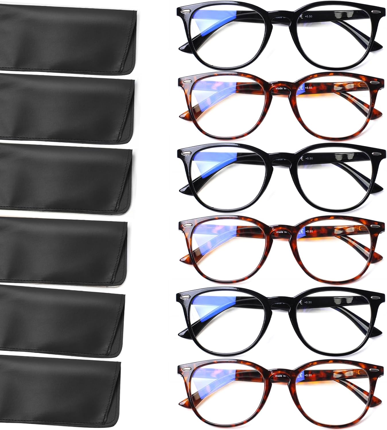 Henotin Paquete de 6 lentes de lectura para mujeres y hombres, bloqueo de luz azul, elegantes lectores de computadora con funda de cuero