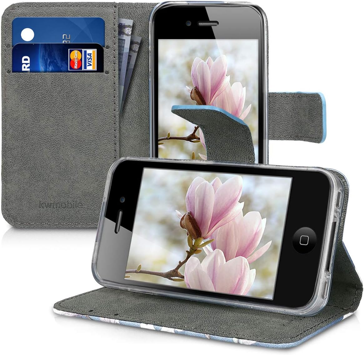 kwmobile Funda tipo cartera compatible con Apple iPhone 4 y 4S, magnolias gris topo, blanco, azul y gris