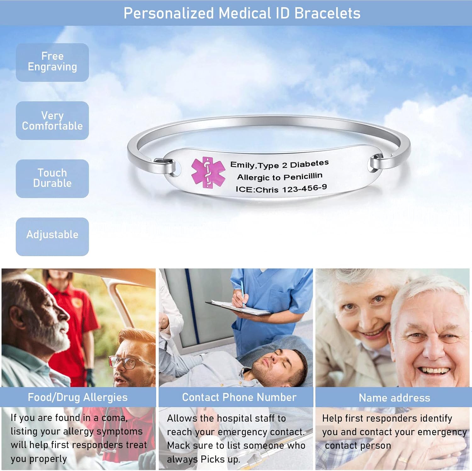 VNOX Pulsera de identificación de alerta médica de acero inoxidable con grabado personalizado gratis