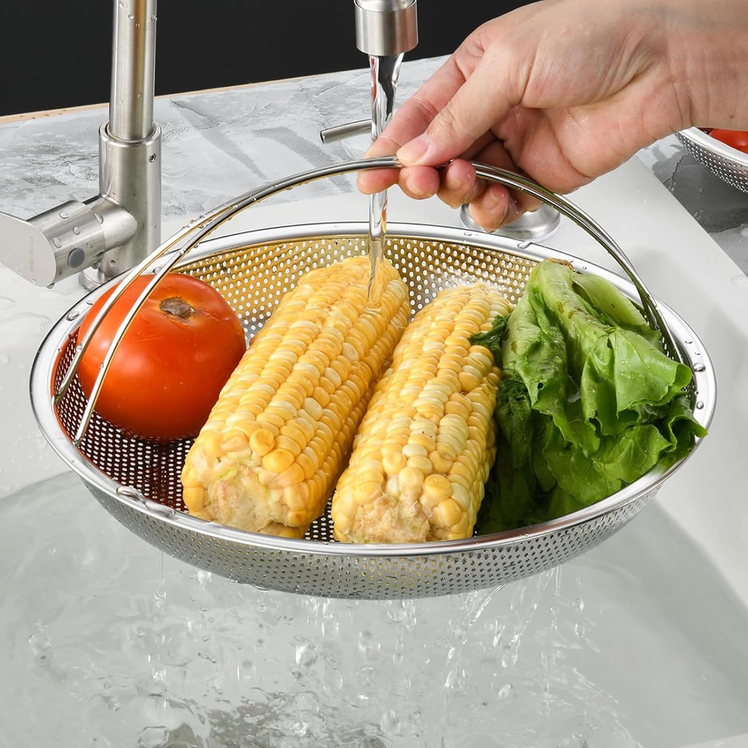 Cesta de vapor multifuncional todo en uno con asa, cesta de drenaje de acero inoxidable para el hogar, malla fina al vapor, apta para lavavajillas,