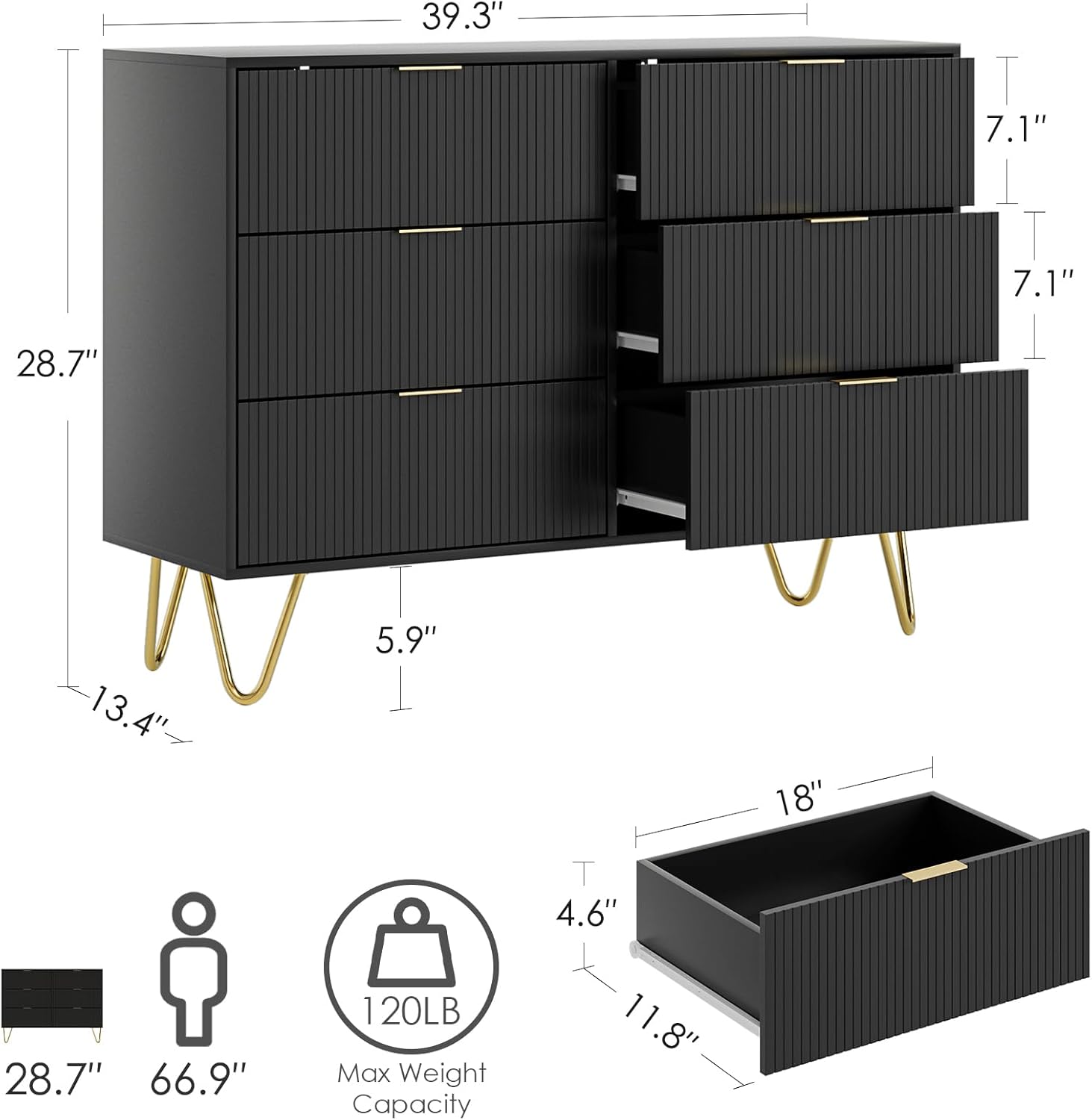 Cómoda de 6 cajones, moderna cajonera, cómoda de almacenamiento ancha con patas de metal, cómoda para dormitorio, sala de estar, armario, entrada,