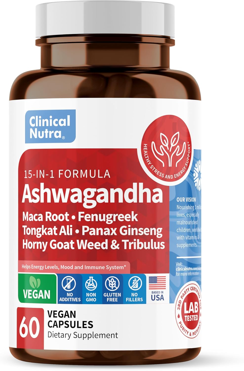 Clinical Nutra Ashwagandha 5000 mg raíz de maca 2000 mg fenogreco 3000 mg Tongkat Ali Ginseng Suplemento l 60 cápsulas tiroideas veganas l Hecho en