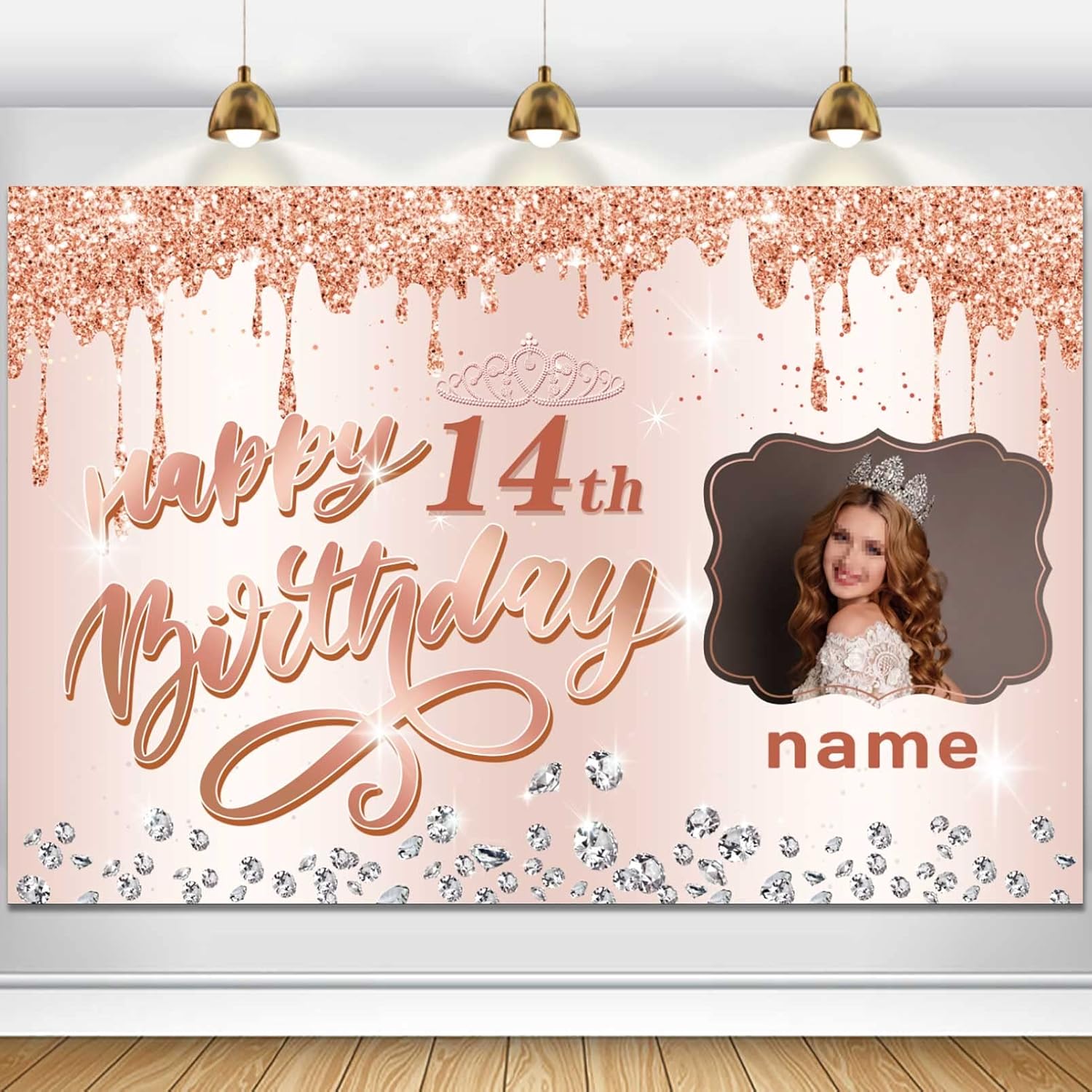 Cartel personalizable de decoración de feliz cumpleaños número 14 de oro rosa, personalizado con nombre y foto