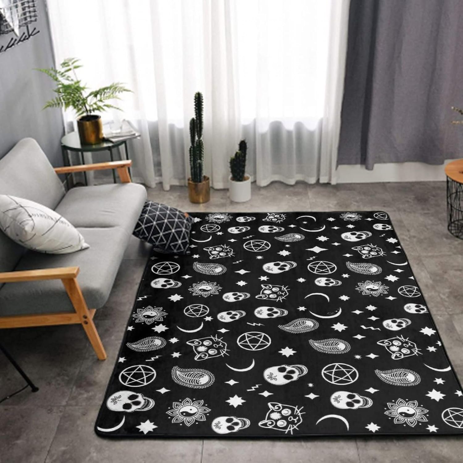 Alfombra antideslizante para lavandería, tapete de cocina de granja, baño, lavandería, accesorios de decoración (calavera, gato, luna, patrón
